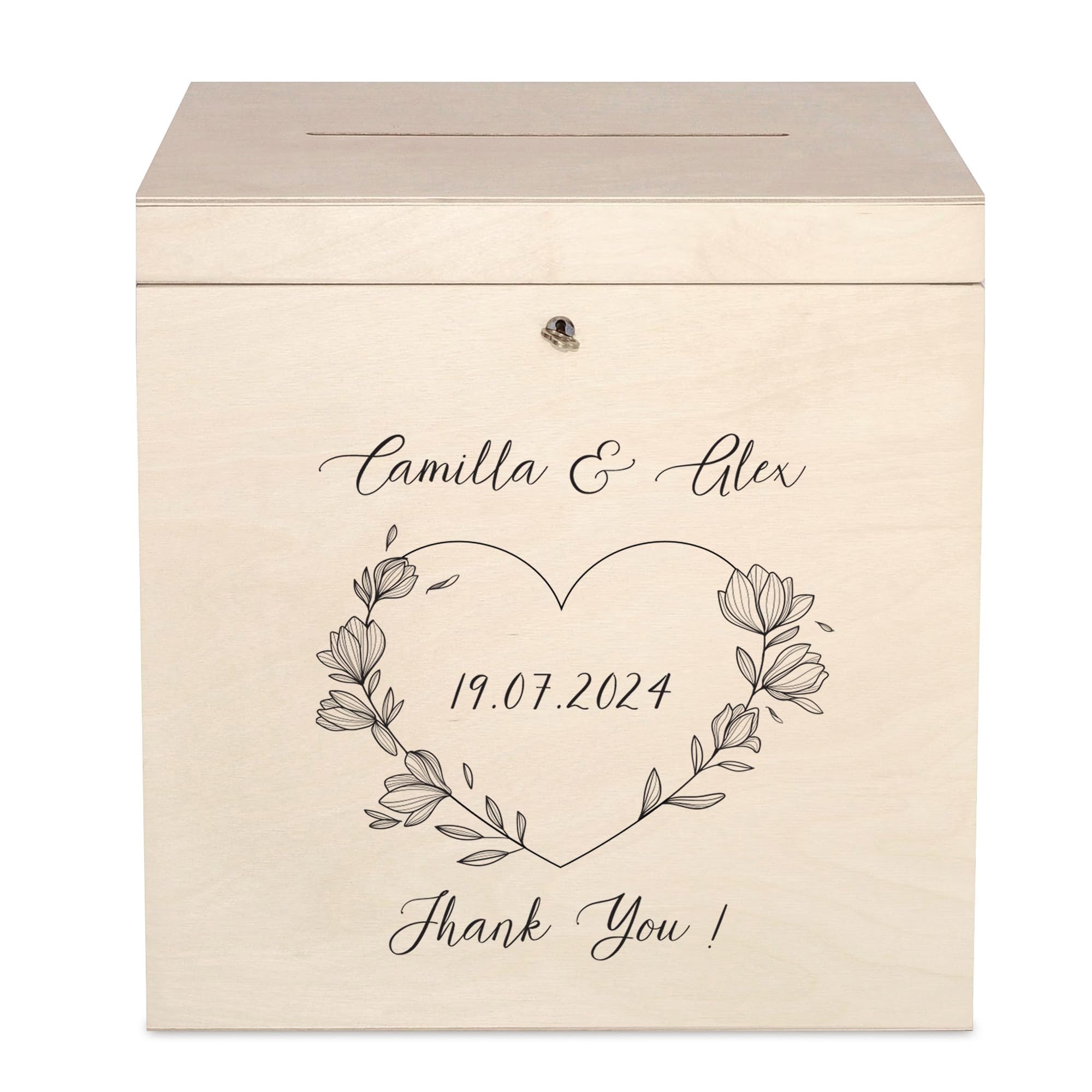 Creative Deco Beige Personalised Lockable Wooden Wedding Card Box | 29 X 25 X 30 Cm | Doves | Unpainted Plain Storage Box With Lid | Wood Keepsake Memory Trinket Chest For Post