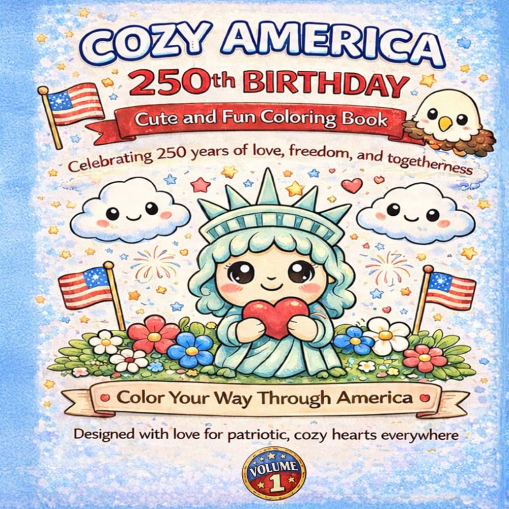 Cozy America 250th Birthday: Cute and Fun Coloring Book