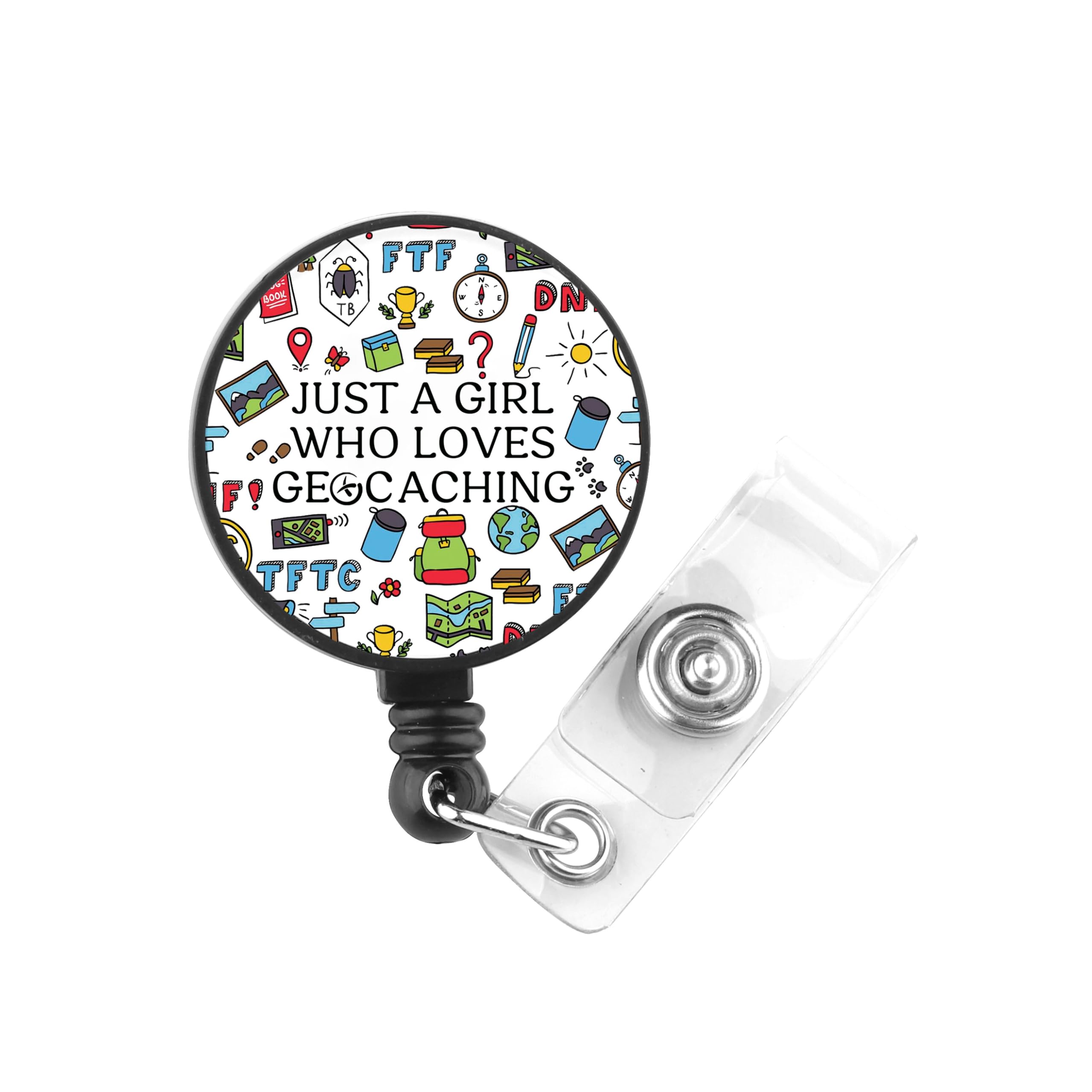 PLITI Geocache Gift Geocacher Gift Treasure Hunter Gifts Just a Gi-rl Who Loves Geocaching Nursing ID Reel for Outdoor Lover (Loves Geocaching badgeU)