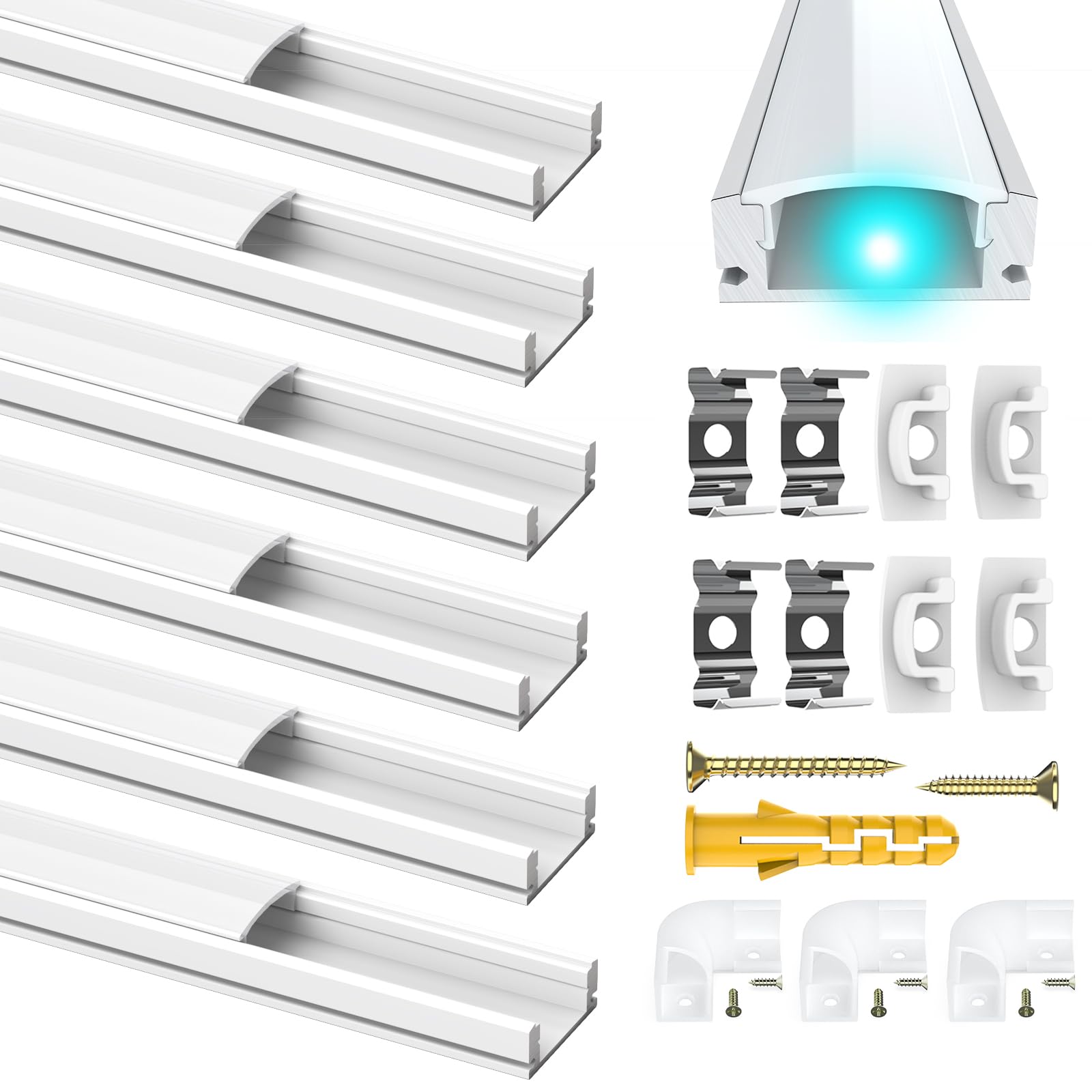Chesbung LED Aluminium Kanal Weiß, 6X1m Leisten U Form LED Profil für LED-Streifen (1-12mm), Eckprofil Diffusor mit Milchiger Weißer Abdeckung, Endkappen, Metall Clips und 90 Grad Eckverbindern