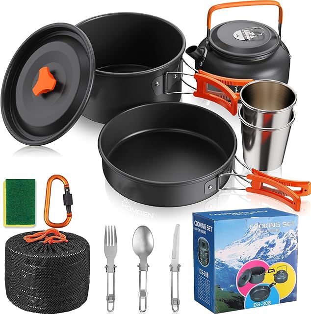 Camping Cooking Set,HOMGEN Camping Pots and Pans Set Aluminium Camping Cookware Kit Protable Cooking Mess Kit Lightweight Camping Cooking Equipment for 2-3 People Perfect for Camping Picnic Hiking etc