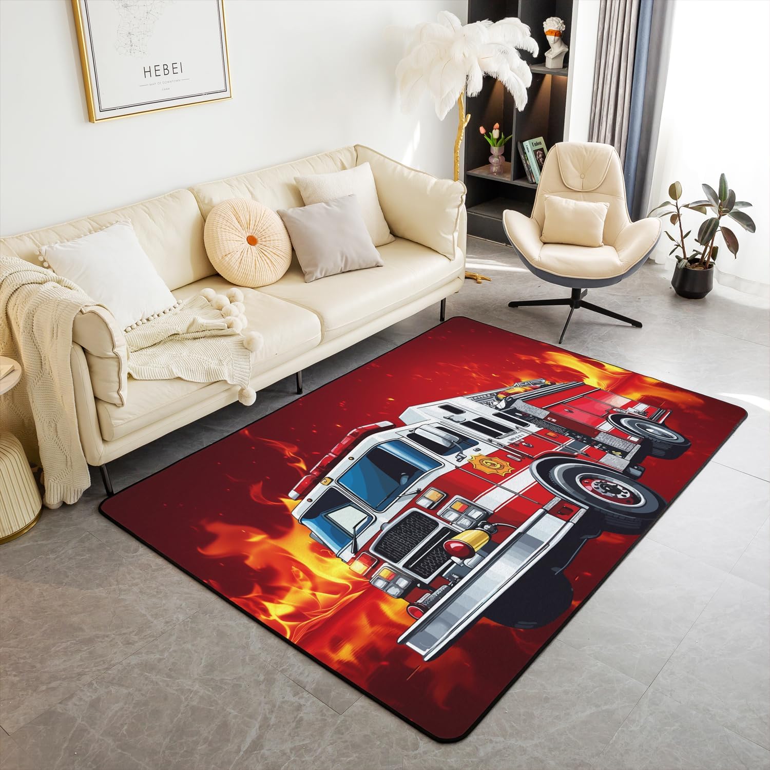 Fire Truck Rugs for Living Room Bedroom Fire Engine Non Slip Area Rug 4x5 Soft Decorative Carpet Firefighter Vehicle Decor Boys Bedroom Living Room Floor Rug Mats