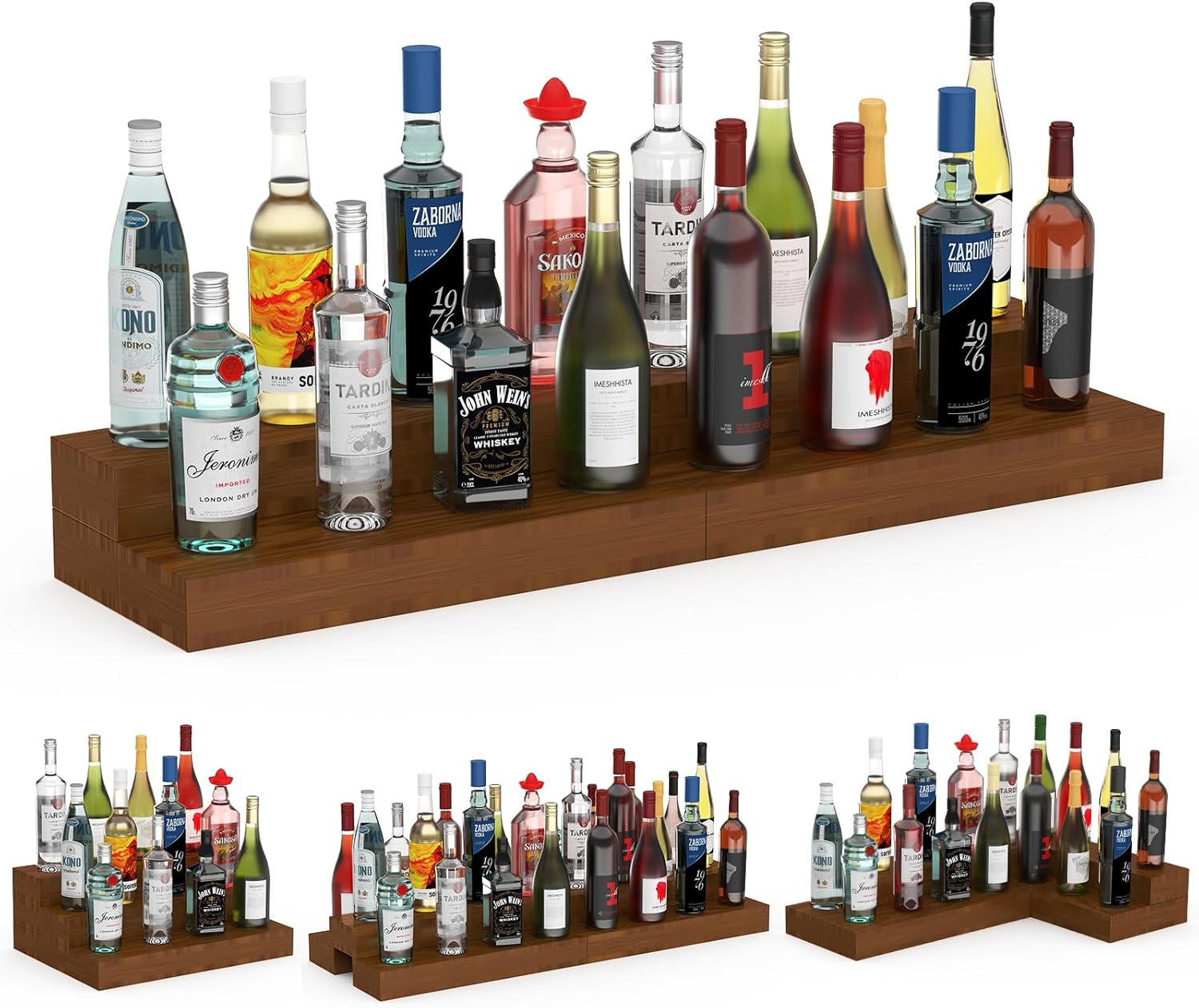 TONGMO Modular Liquor Bottle Stand for Home Bar – Stackable Adjustable Liquor Bottle Display Shelf, Solid Wood DIY Corner Liquor Rack & Countertop Bar Bottle Organizer, Set of 6 Blocks (Dark Walnut)