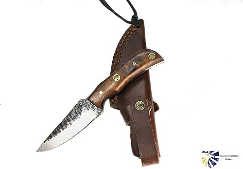 Miniatura 2 de Titan International Knives Cuchillo afilado para el cuello 1080 de acero de alto carbono con escamas forjadas, mango de palisandro con funda de