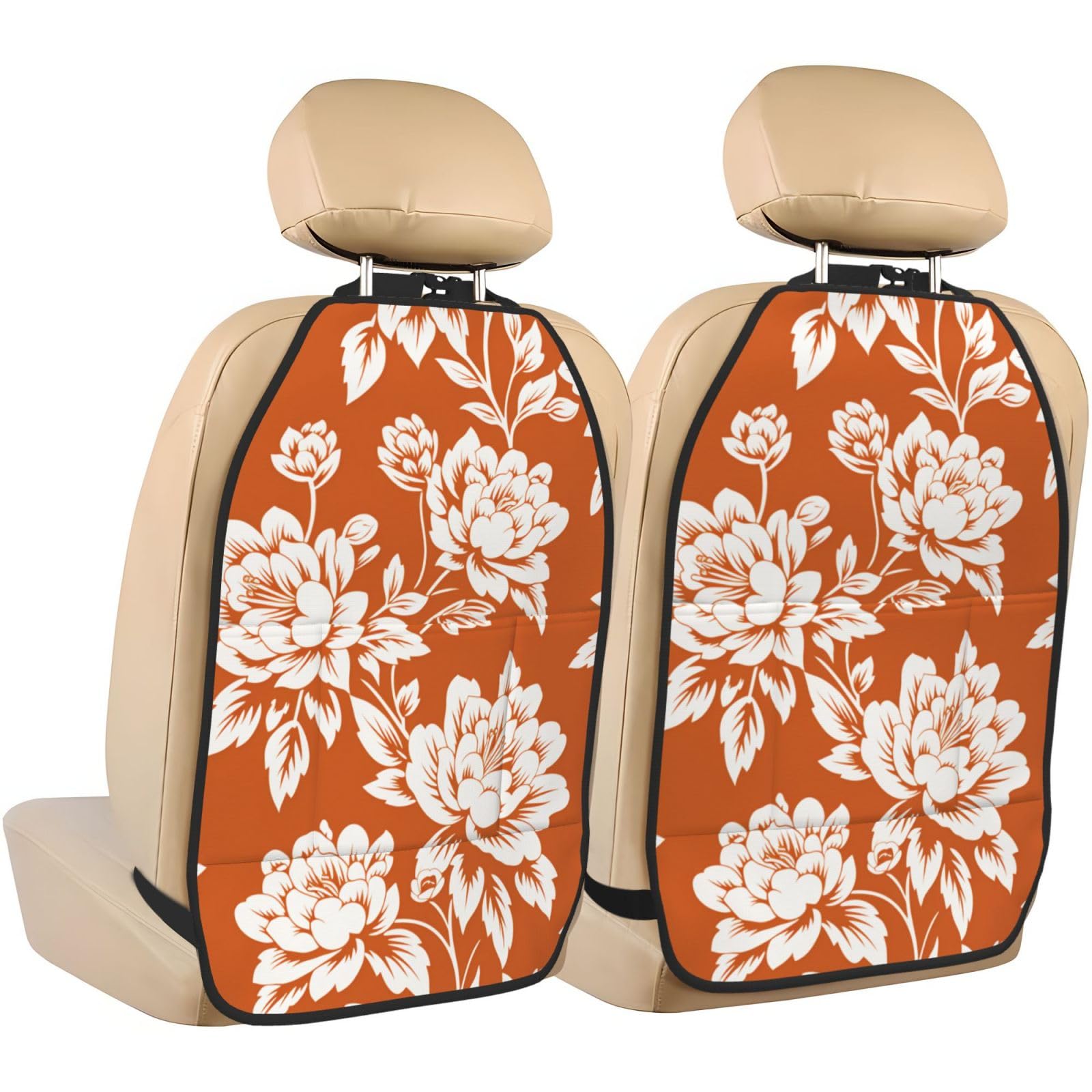 Orange Large Flower Pattern Car Seat Back Kick Protectors,2 Pack Kick Mats With Storage Pockets For Vehicles To Protect From Dirt Mud Scratches
