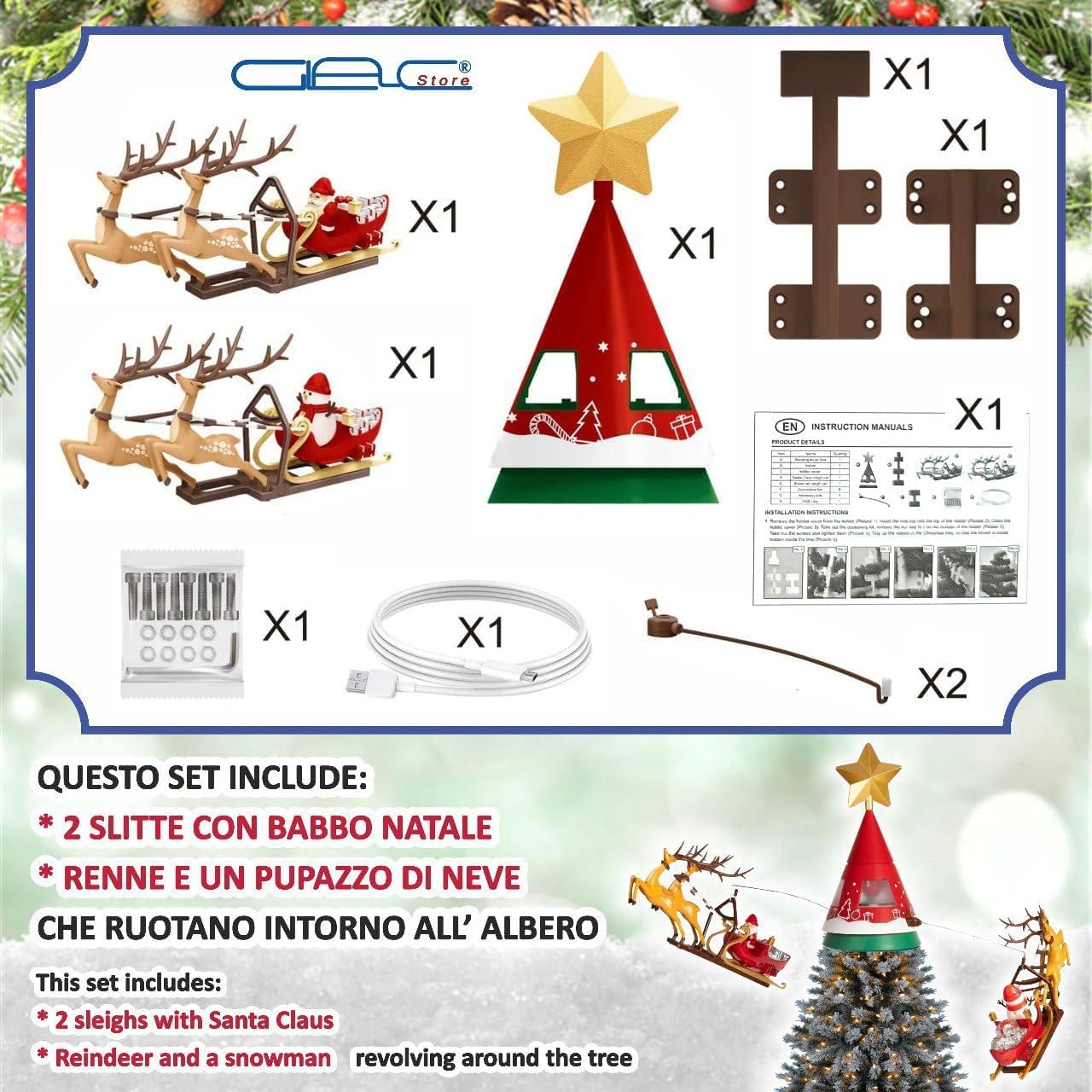 Puntale Rotante per Albero di Natale con Stella e Slitta di Babbo Natale con MOVIMENTO 65 cm Giostrina Natalizia Puntale con LUCI LED Fuori Porta Coccarda Ghirlanda addobbo Dorato Metallizzato 16 cm
