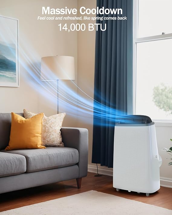Portable Air Conditioners 14,000 BTU, Portable AC Unit for Bedroom and Office, 400m3/h Cooling for 750 Sq. Ft, Drain-Free Technology with 75-Pint Dehumidification, Includes Remote & Mount Kit, Grey