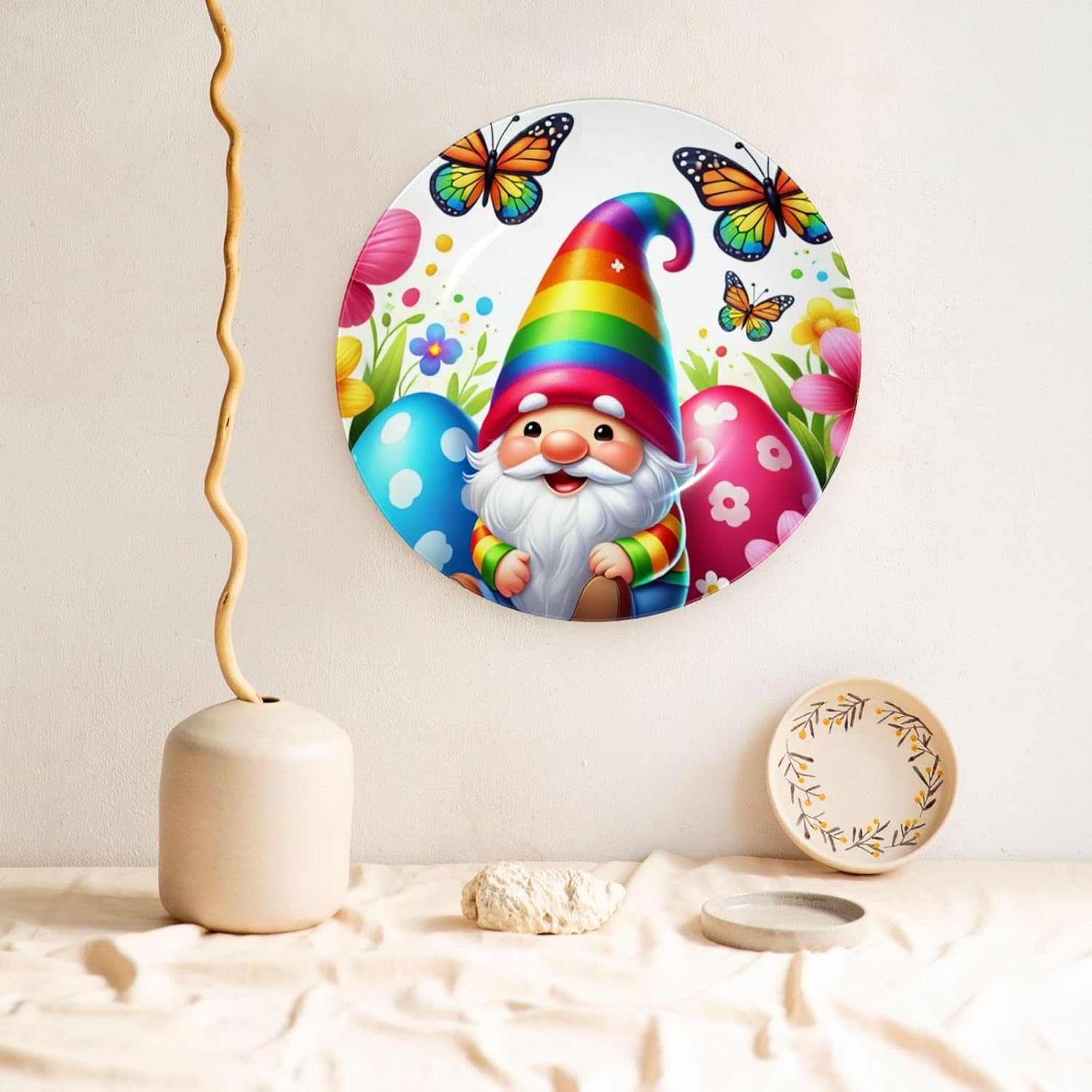 Easter-Gnome-Rainbow-Eggs, 10 Inch Decorative Plate With Stand, Elegant Display Wall Plate For Home Decor