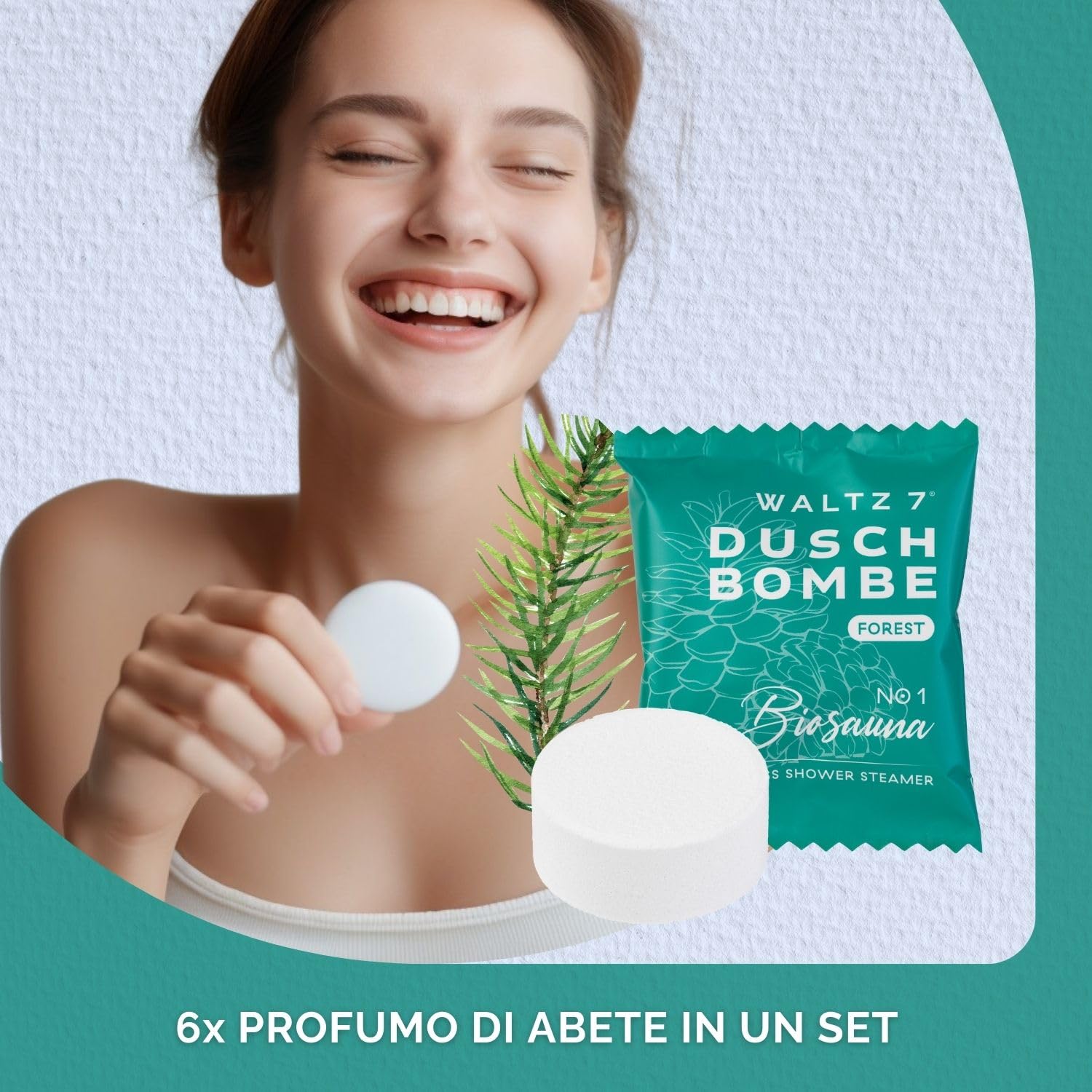 WALTZ 7 Set di Bombe da Doccia all’Abete Rosso, Bombe da Bagno con Olio Essenziale di Pino per il Benessere e il Relax, Vegane per Aromaterapia, Effetto Calmante e Rigenerante, Confezione da 6