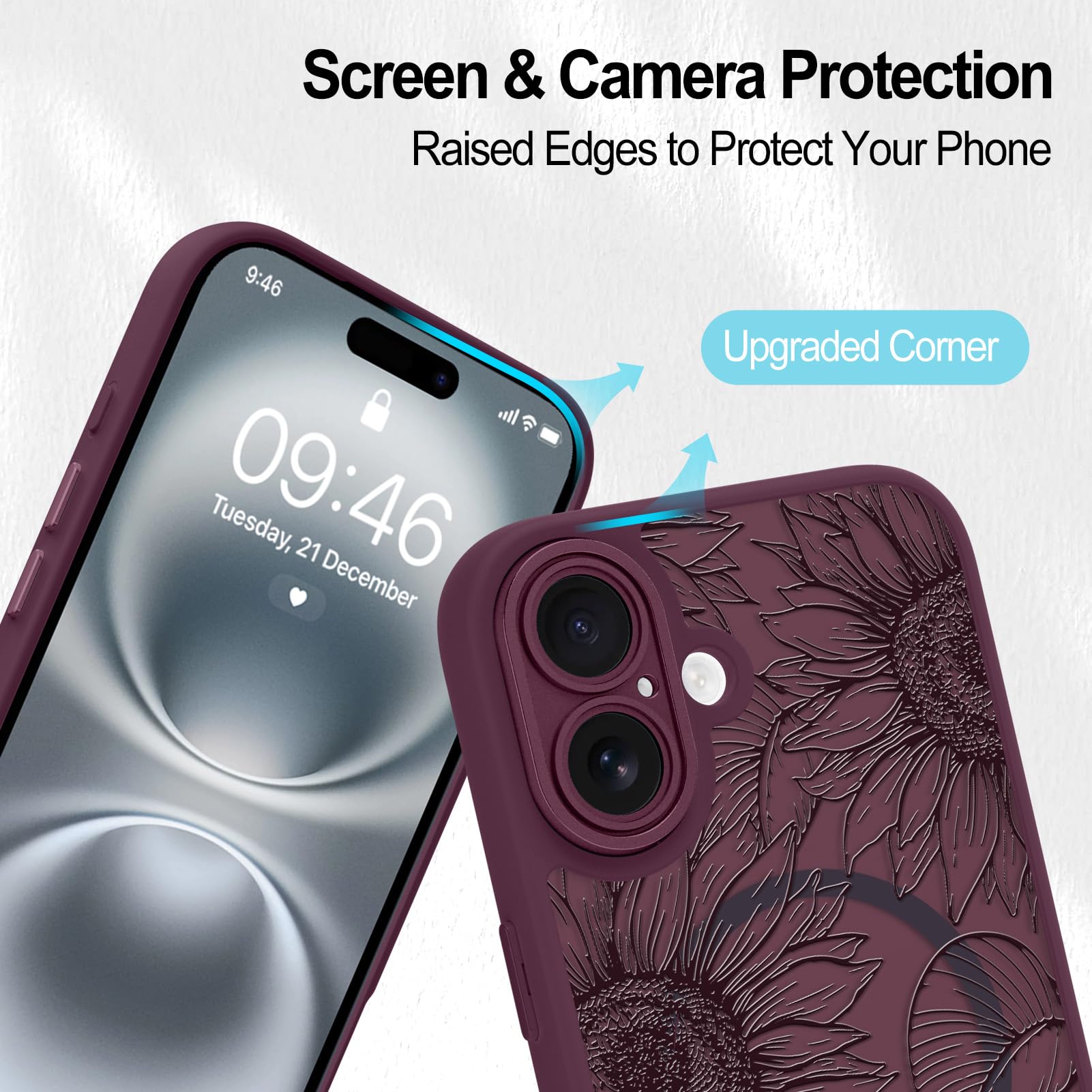 Fiyart Custodia magnetica per iPhone 16 Plus con fiori floreali, girasole