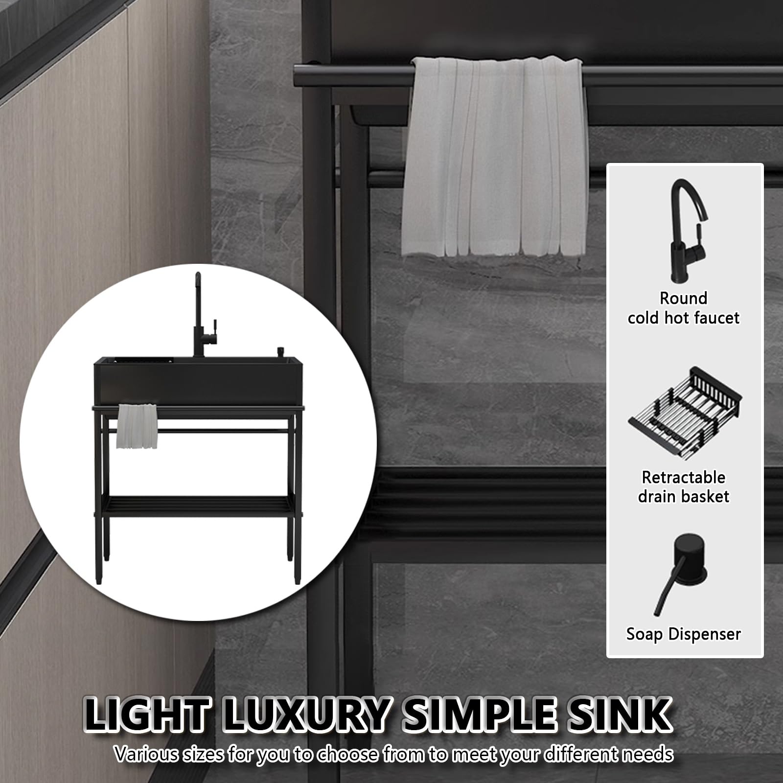 Fregadero utilitario de acero inoxidable con soporte, fregadero de cocina de un solo tazón con plataforma de almacenamiento, grifo frío y caliente, perfecto para exteriores, garaje, estación de lavado
