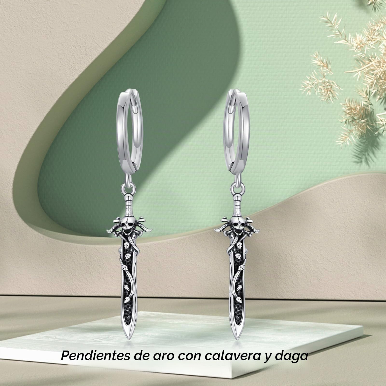 VONALA Pendientes de daga de plata de ley gótica, aretes de aro de espada, aretes colgantes de calavera, aretes de cuchillo, joyería gótica, regalo para niños, Plata de ley, No es una piedra preciosa