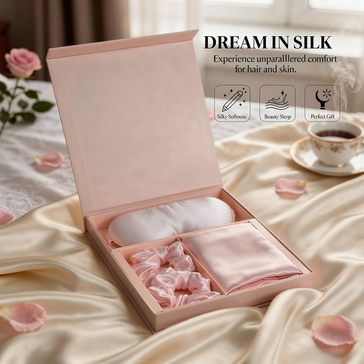 Mulberry Silk Pillowcase, Pink Silk Pillowcase Gift Set with Sleep Mask & Hair Ties, 19 Momme Deluxe Sleep Set, Reduces Friction for Hair & Skin, Women's Gift, 11 X 2.2 X 9.8 in