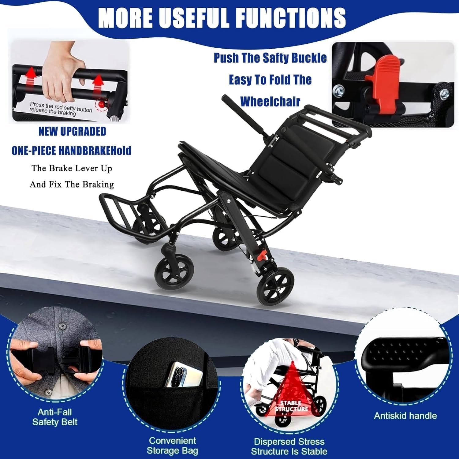 Silla Ruedas Transporte Ultraligera,Sillas Ruedas Transporte Plegables para Adultos Las Más Ligeras Solo 15 Libras con Mango Telescópico,Silla Ruedas Viaje