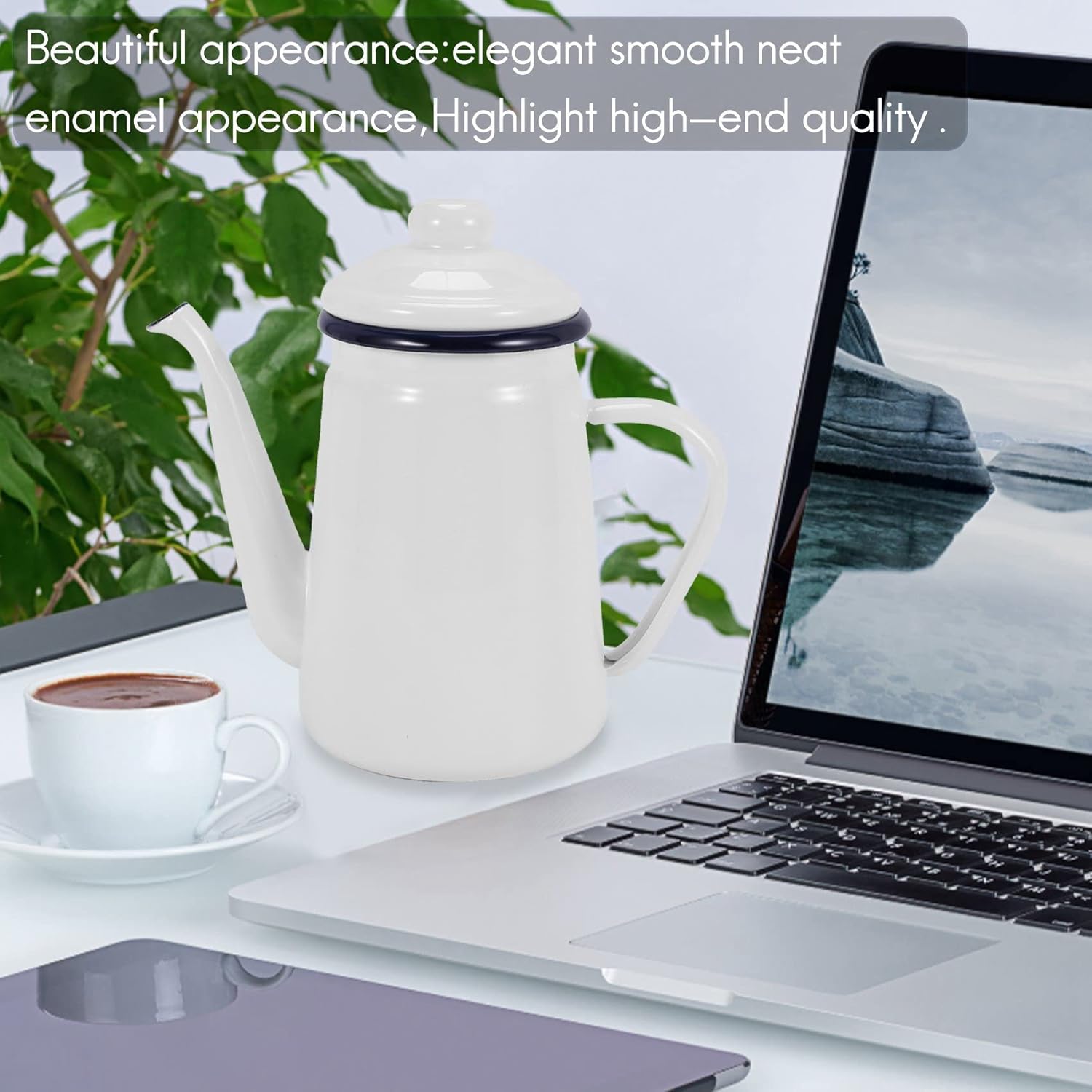 1.1L High-Grade Enamel Coffee Pot Pour over Milk Water Jug Pitcher Teapot Kettle for Gas Stove and Induction Cooker White