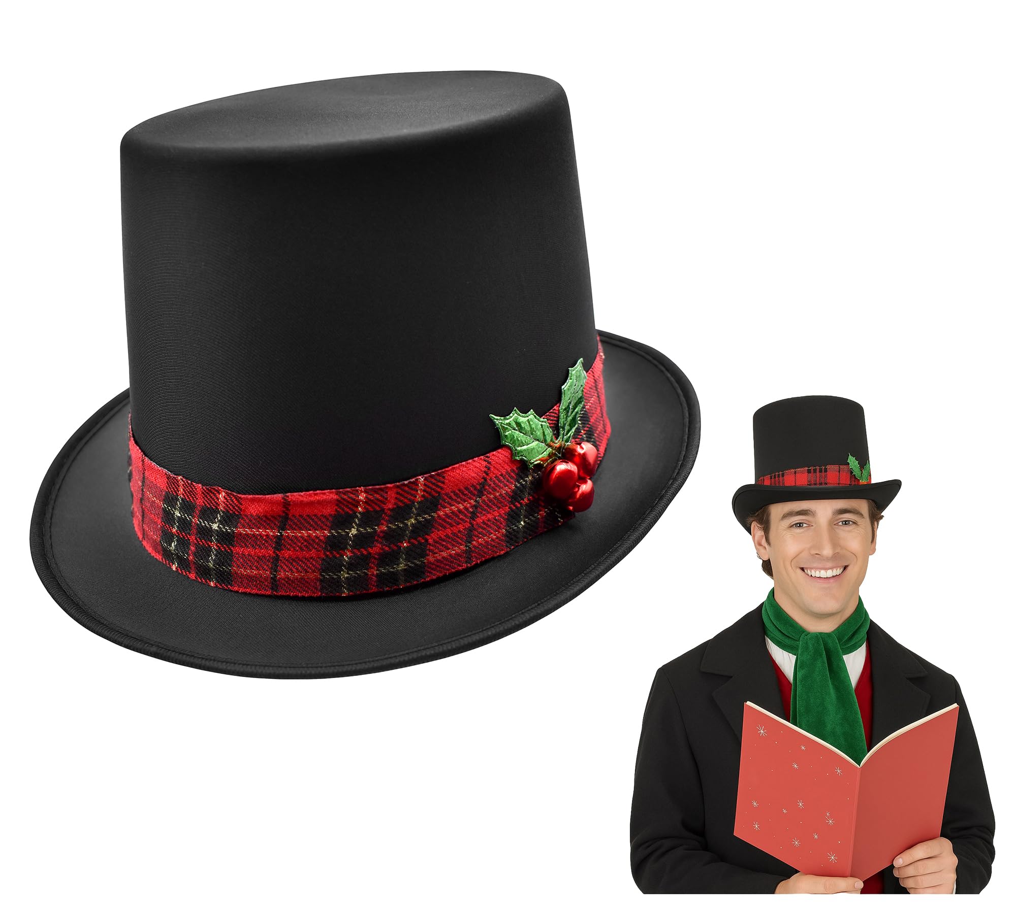 Black Christmas Top Hat, Snowman Hat for Men With Plaid Band & Berries, Pilgrim Hats, Victorian TopHat For Adults, Ugly Christmas Sweater Costume Black TopHat, One Size Fits All