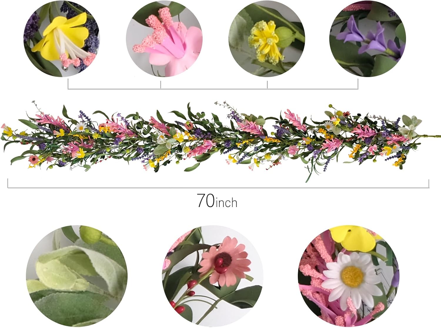 Bibelot70inch Spring/Summer Garland with Flowers, Artificial Fake Flower Greenery Garland with Daisies, Lavender for Baby Shower Wedding Mantle Party Table Centerpiece All Season Decor