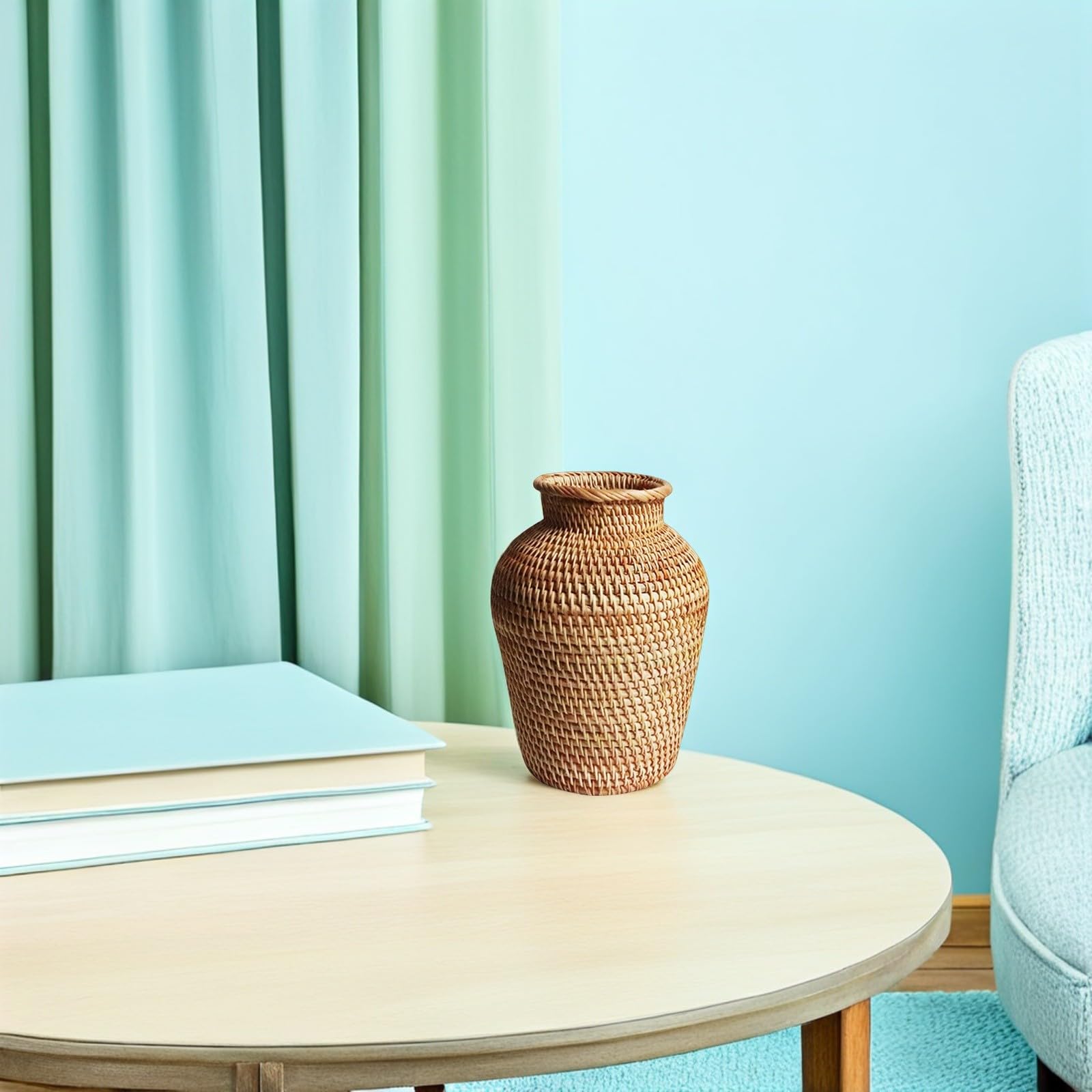 Vaso in Rattan Intrecciato Rustico da Tavolo, Centrotavola per Fiori Secchi e Composizioni Floreali, Decorazione per Matrimoni e Ambienti Interni