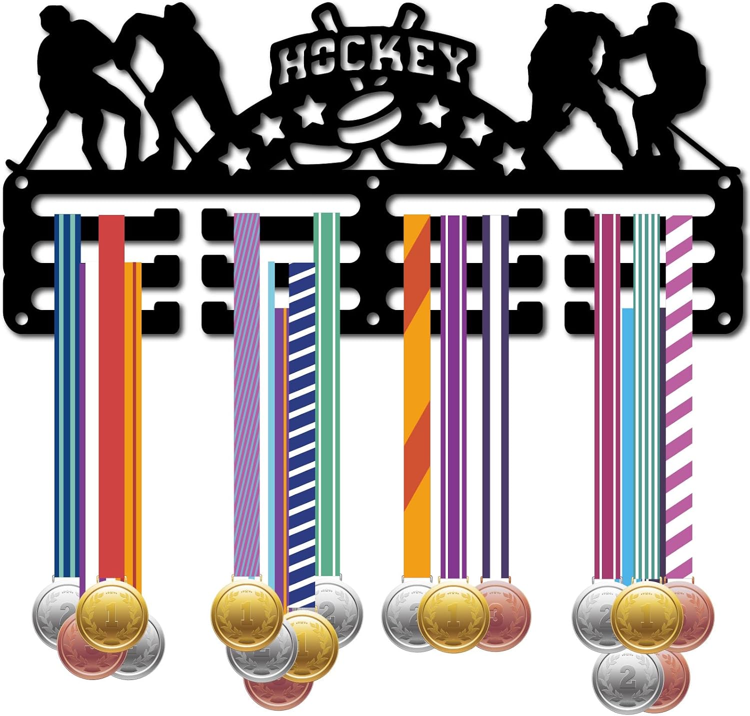 CREATCABIN Soporte Medallas Hockey,Colgador Medallas Deportivas,Estante Competición,Marco Premios,Ganchos Pequeños Hierro,Organizador para Colgar Más 40 Medalla,Jugador,Insignias Pared,29x13cm,Negro