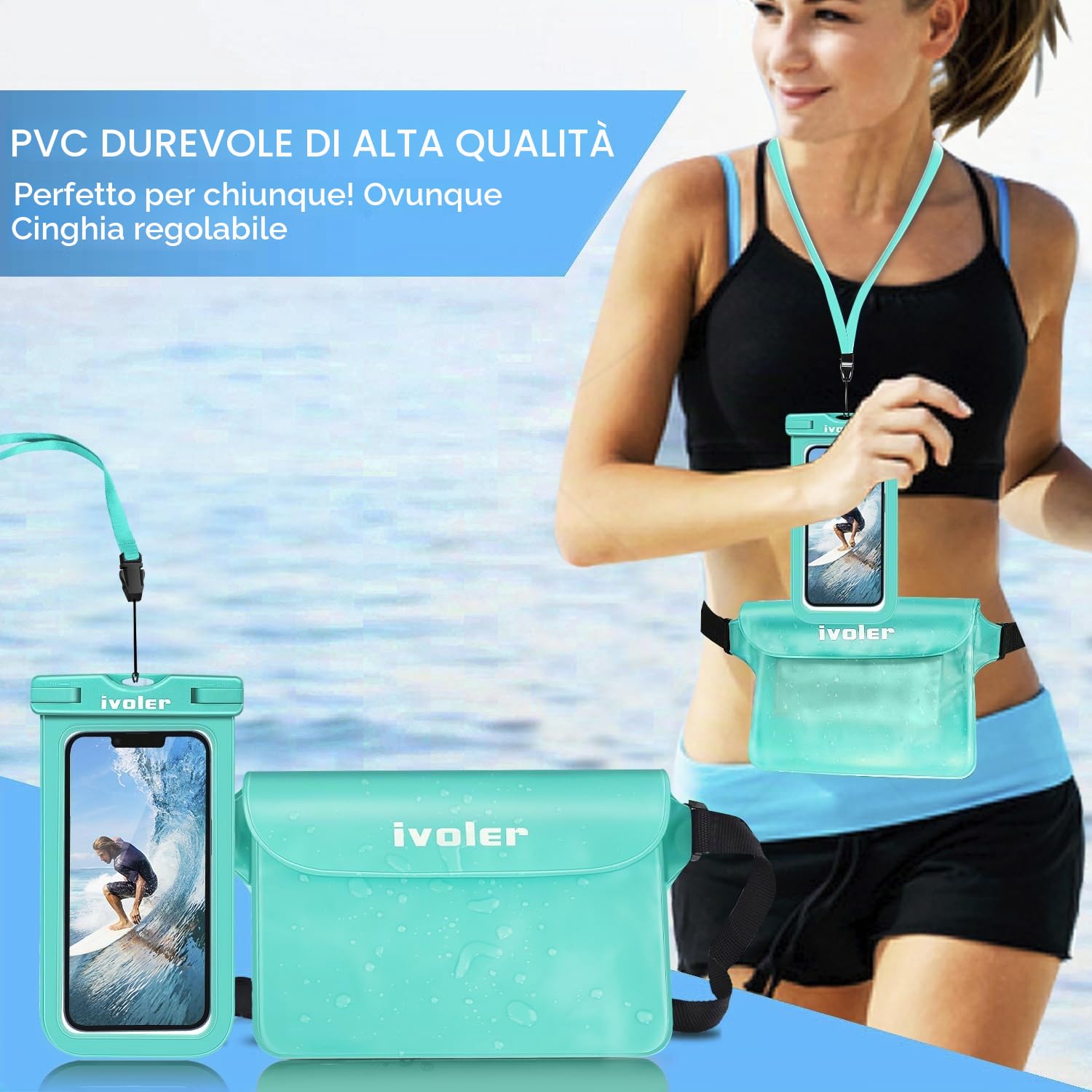 iVoler Kit Impermeabile con Borsa Marsupio e Custodia Smartphone IPX8 per Sport Acquatici Pesca Vela Sci Mare Escursione, Protezione per Cellulare Portafoglio Documenti - Verde Menta