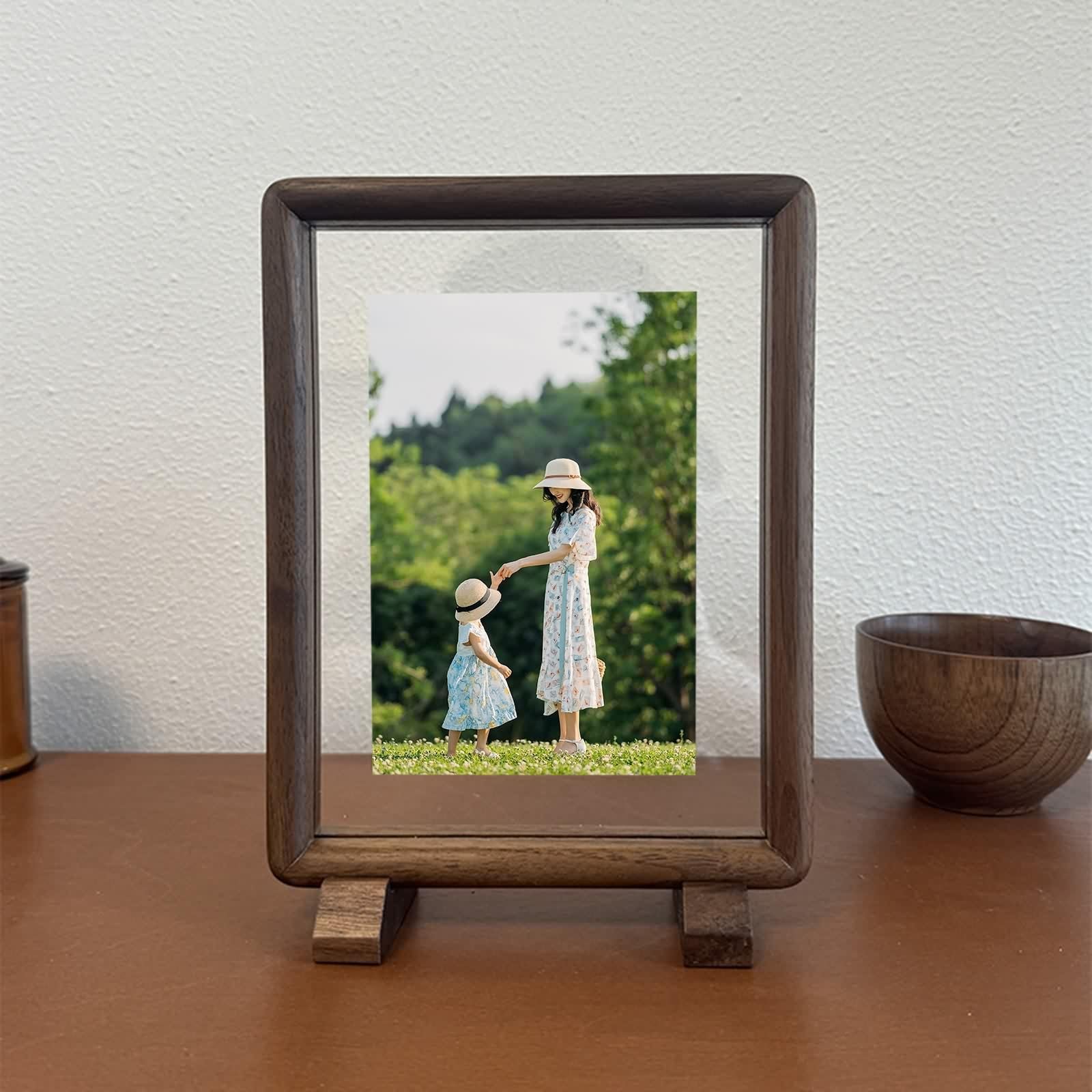 Fotorahmen 10X15, Picture Frame Nussbaum Rechteck Holz Acryl Horizontal/Vertikal für Tischplatte