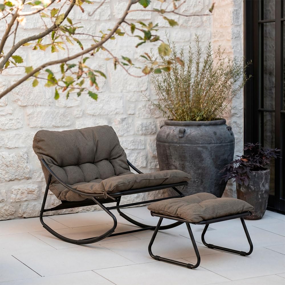 SIEDITI FUORI E DENTRO Poltrona a dondolo con poggiapiedi e cuscini imbottiti, sedia a dondolo da lettura e relax per veranda, terrazza - Adelaide (Grigio scuro)