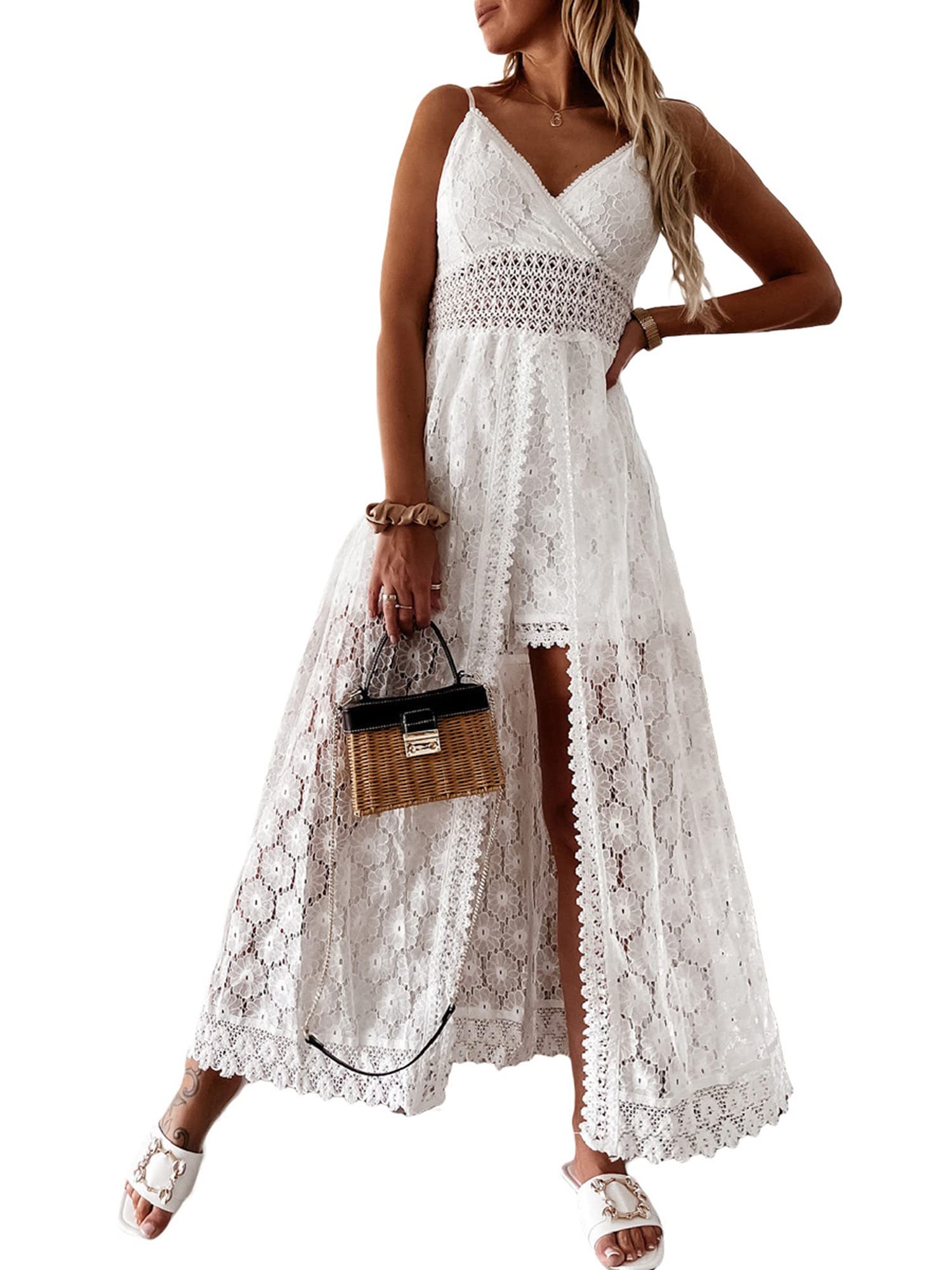 Himllauen Combinaison Femme Évidée Décolleté Col en V Profond sans Manche Combi-Short avec Jupe Longue Fendue Tricotée en Bretelle Jumpsuit Chic Sexy Grand Taille Voyage