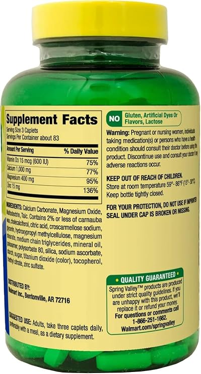 Calcium, Magnesium, Zinc & Vitamin D3. Calcium, Magnesium & Zinc Plus Vitamin D3 Caplets Dietary Supplement, 250 Count (Pack of 1), Set with Basket Goods Store Shop