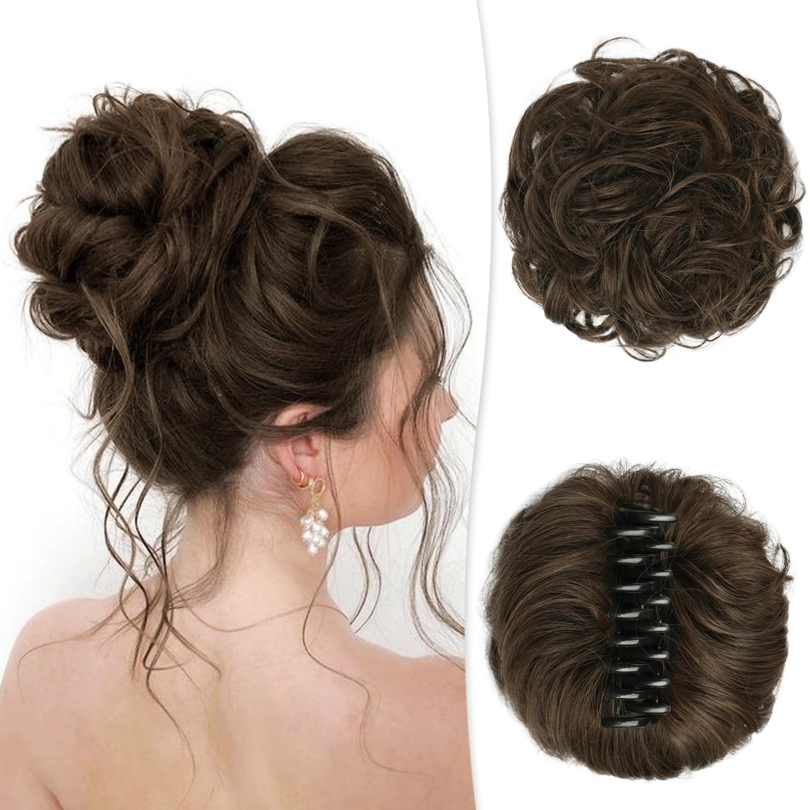 RUWISS Claw Clip Messy Bun Hair Piece Real Human Hair Buns Wavy Curly Chignon Hair Bun Extensions Tousled Updo Hair Buns Claw Clip Ponytail Hairpieces(Light Ash Brown)