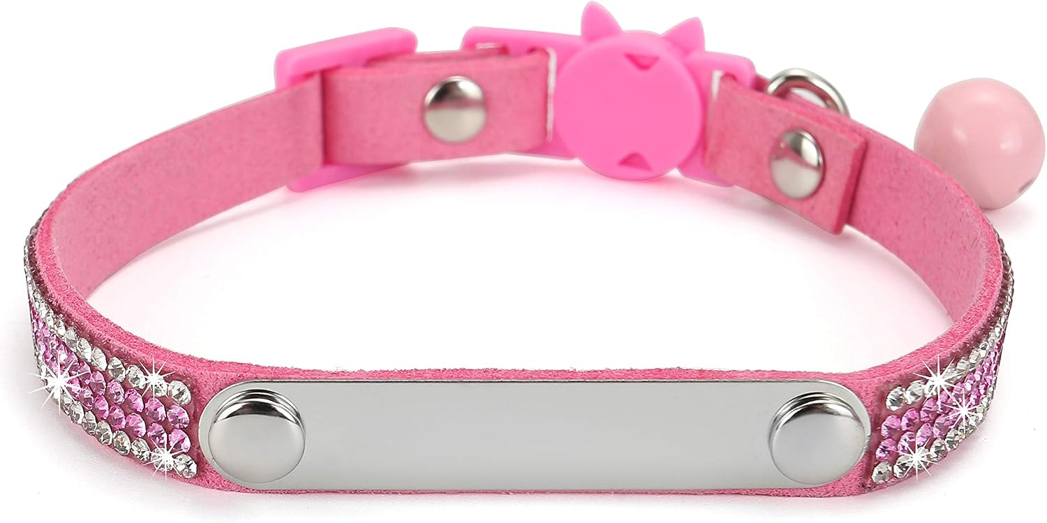 Mogoko Personalized Breakaway Cat Diamond Collar, Customized Bling Kitten Pet Collar with Engraved ID Name Plate and Bell(Pink)