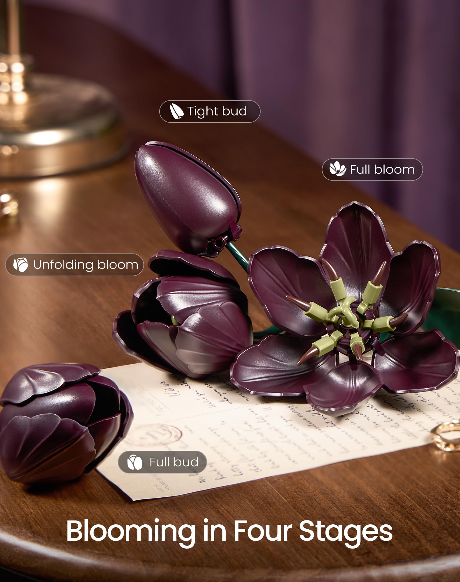 Juego de construcción de flores de tulipán morado oscuro, regalo para el día de la madre, ramo de plantas artificiales, colección botánica, kit de construcción, bloques de decoración de mesa