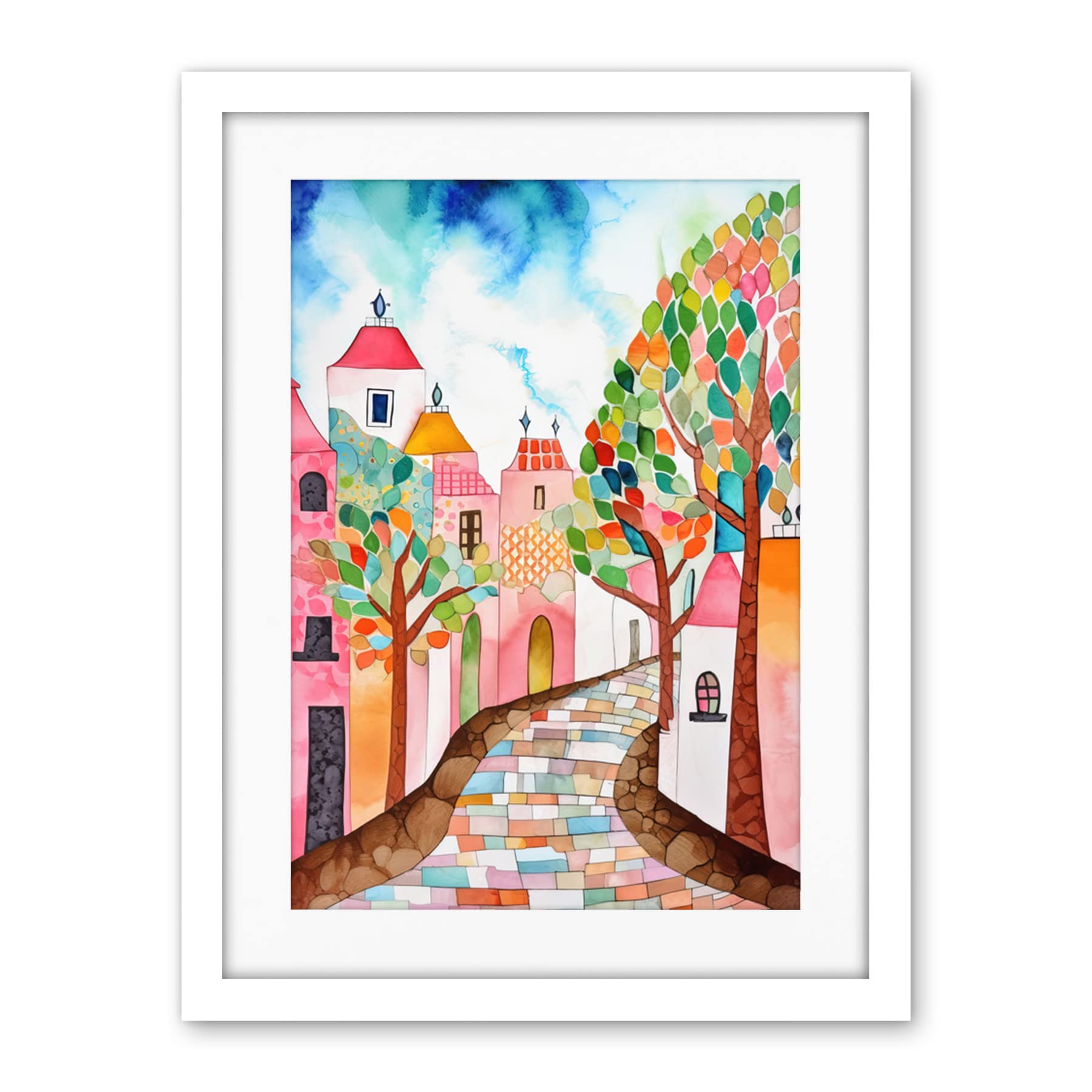 Artery8 Cobblestone Street In Spring Folk Art Artwork Framed Wall Art Print 18X24 Inch
