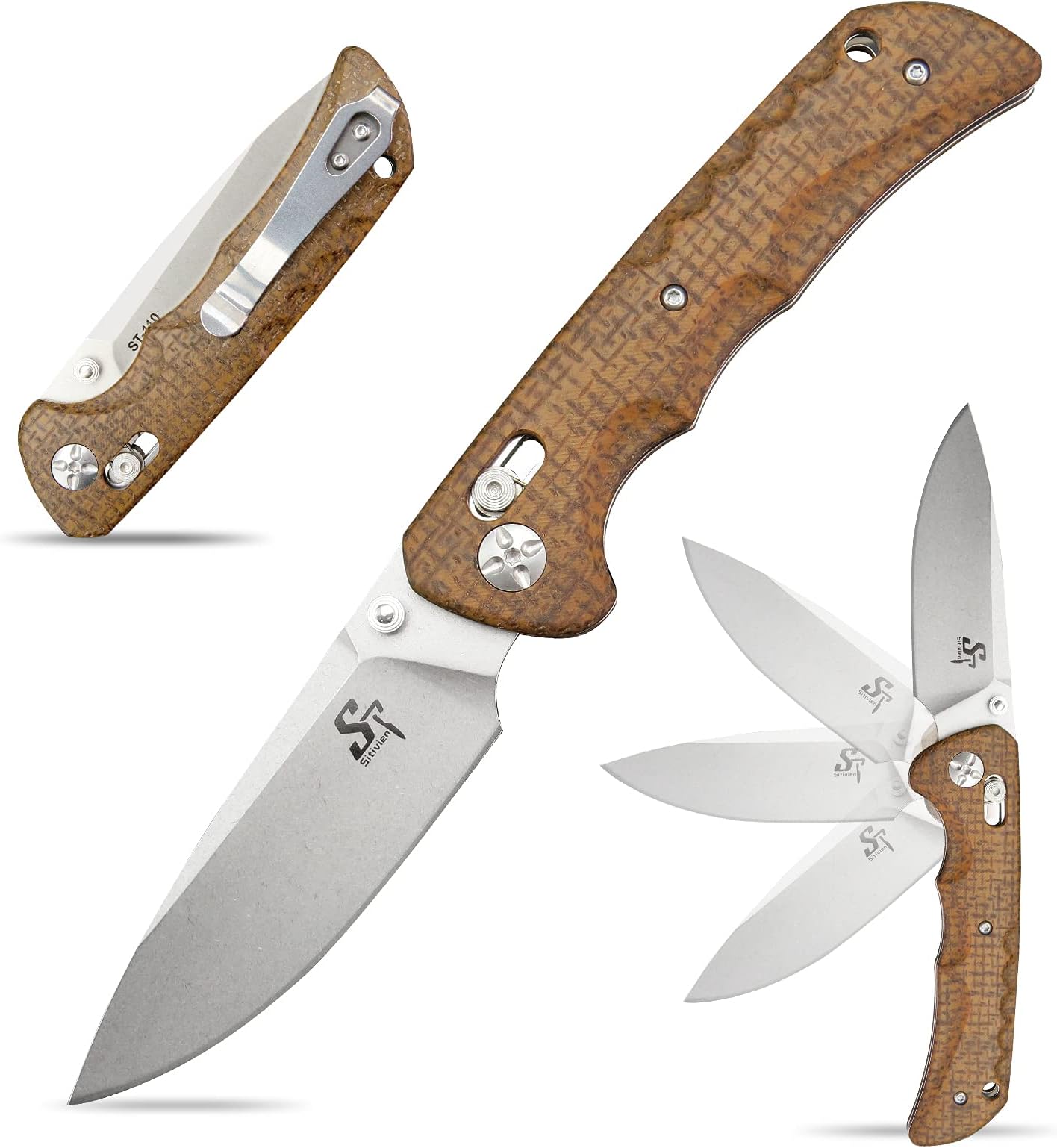ST110 Folding Knife, D2 Blade and Micarta Handle Pocket Knife, EDC Tool Knife with Pocket Clip for Outdoor Camping Hiking Survival(Brown) …