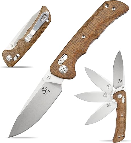 Sitivien ST110 Cuchillo plegable, hoja D2 y cuchillo de bolsillo con mango Micarta, cuchillo de herramientas EDC con clip de bolsillo para acampar
