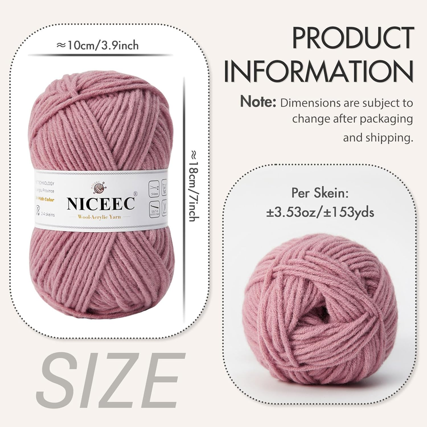 NICEEC 3 Skeins Soft Wool-Acrylic Yarn for Knitting Worsted Weight Yarn Quality Yarn for DIY Craft Wool Blend Yarn for Crochet Blanket Yarn(3×3.53oz,3×153yds)-Elegance Rose