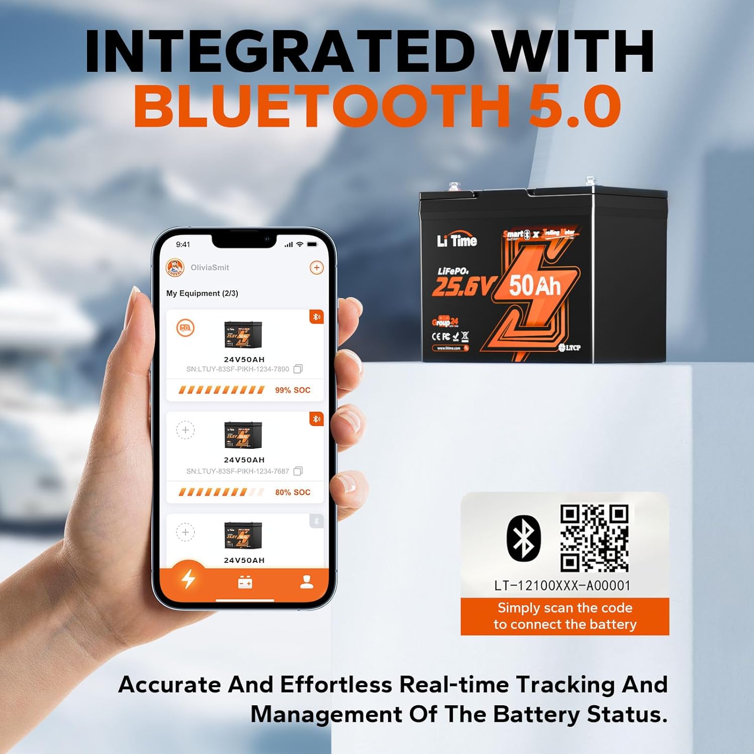 LiTime 24V 50Ah Bluetooth LiFePO4 Lithium Battery, Low-Temp Cutoff Protection, 4000+ Deep Cycle, Built-in 50A BMS, Group 24, Perfect for Trolling Motors, Yacht, Boat, RVs