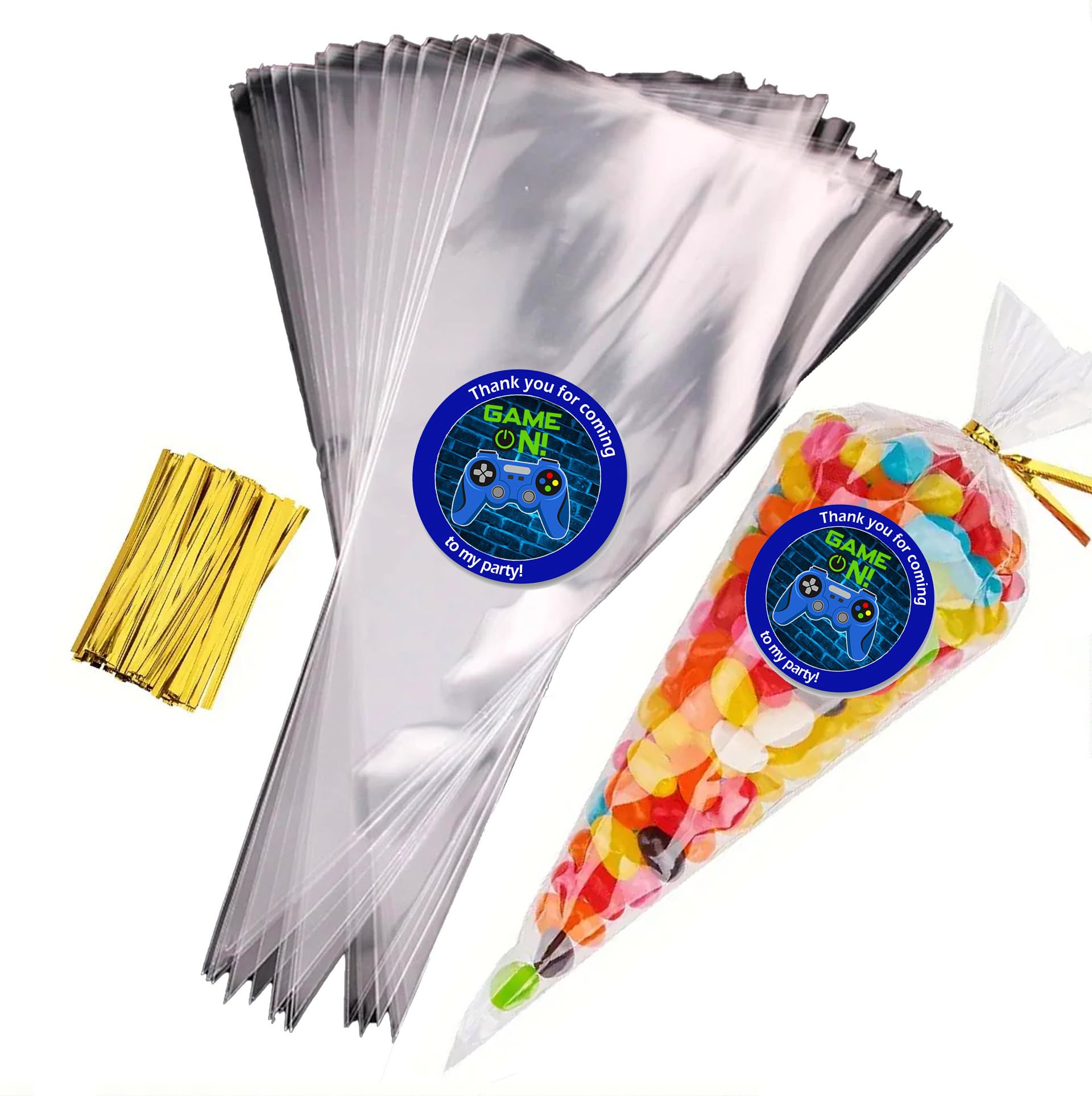 Treasured Forever Limited Gaming Blue Sweet Cone Bags With Coloured Ties | Triangle Clear Cellophane Bags | Food Sweet Candy Popcorn Snacks | Brithday Baby Shower Fayres Events Festivals