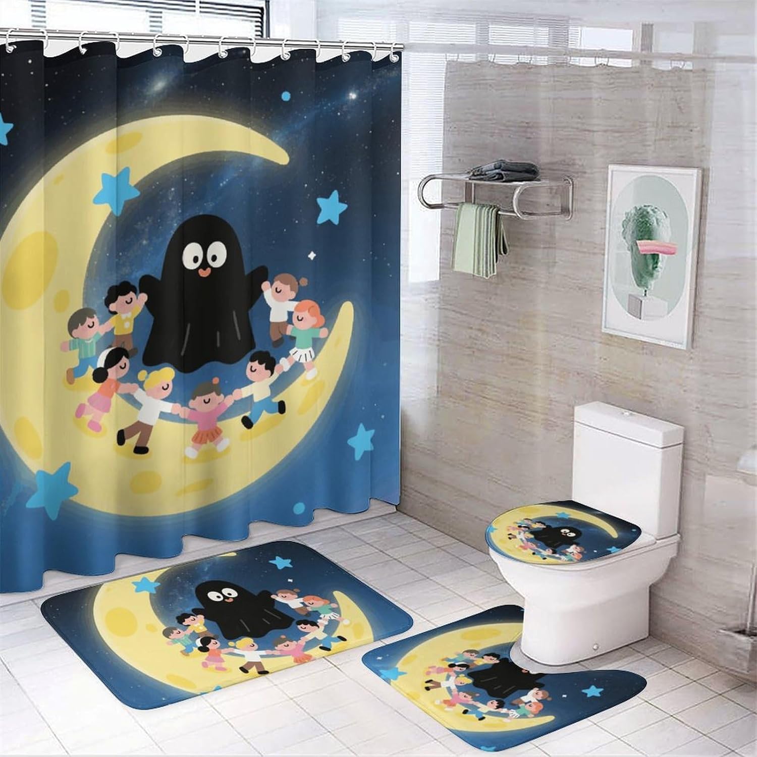 Black Cute Ghost Shower Curtain Set 4 Piece, Non-Slip Bath Mat with Toilet Lid Cover and Waterproof Shower Curtain with 12 Hooks, Complete Bathroom Set for Home Decor