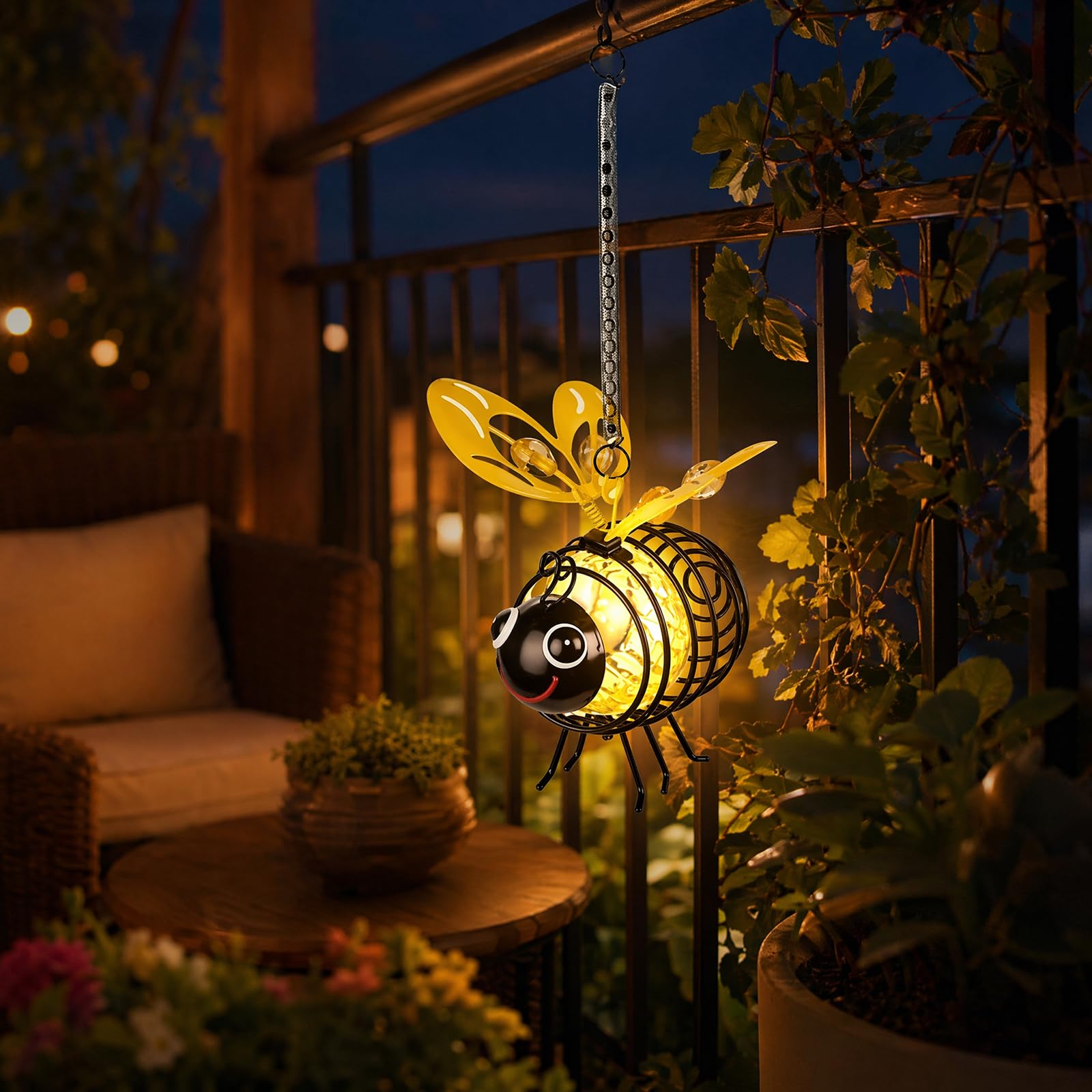 A Bee Solar Lights Outdoor Garden, Hanging Metal Bees Lanterns