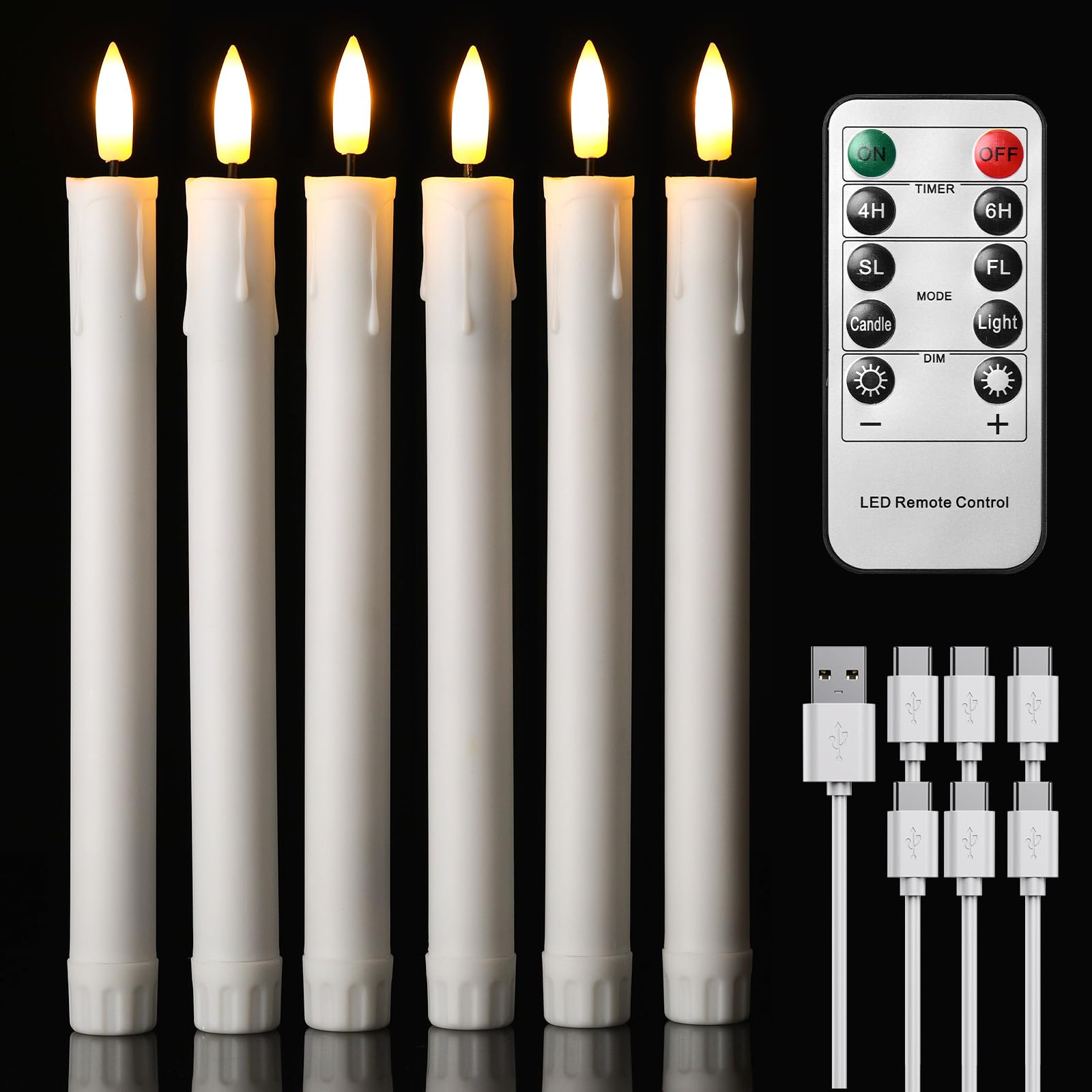 EXTSUD Set di 6 candele a LED a lunga durata, senza fiamma, con 2 telecomandi, candele per finestra a LED, ricaricabili, bianche, decorazione per Natale, matrimoni, feste, banchetti