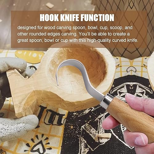 Miniatura 5 de Herramienta de tallado de cuchillo con gancho de madera para tallar cucharas, tazones, tazas torcidas para talladores profesionales de cucharas y