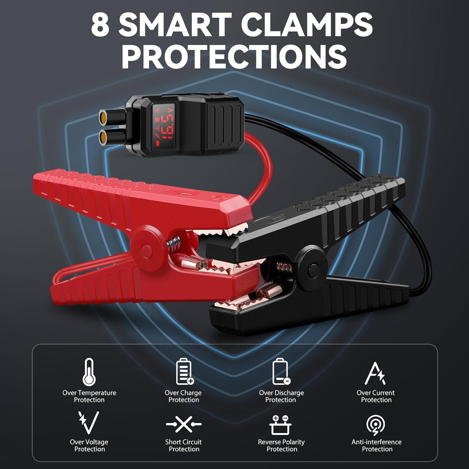 Diagram illustrating 8 smart clamp protections for the jump starter