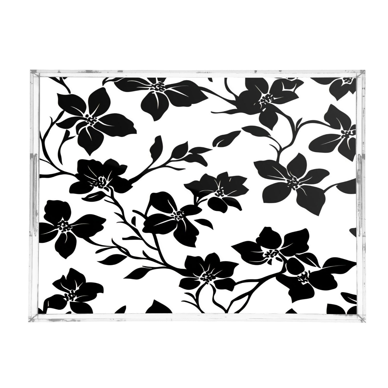 BOESI Graffiti Black Flower Acrylic Decorative Dining Tray, Acrylic Decorative Tray Organizer with Handle for Kitchen, Dining Room, Bathroom, Dresser