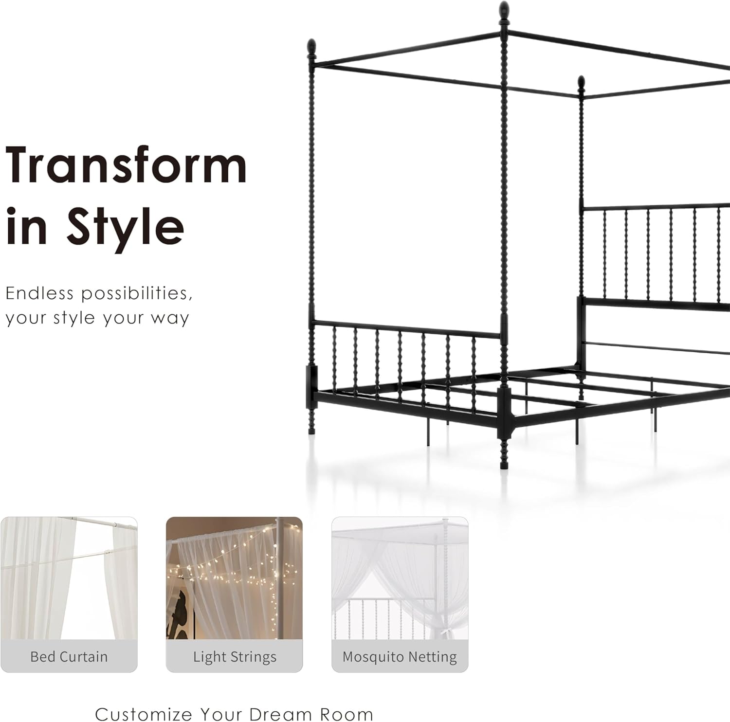 Furniture of America Vaeli Modern Metal Twin Size Four Poster Bed Frame with Spindles, Canopy Bedframe for Bedroom, Guest Room, Box Spring Required, Black