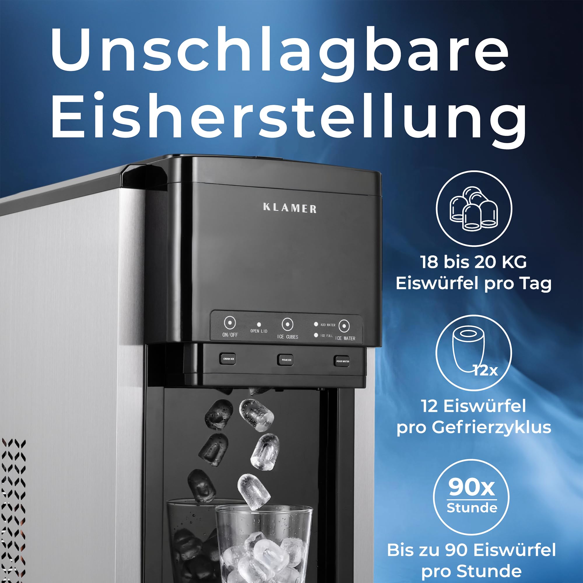 KLAMER 3-in-1 Eiswürfelmaschine, Crushed Ice & Eiswasser, 18–20 kg/24h, Kugeleis 12 Stück in 7 Min, 2,1 L Tank, Ice Maker, Wasserspender, Selbstreinigung