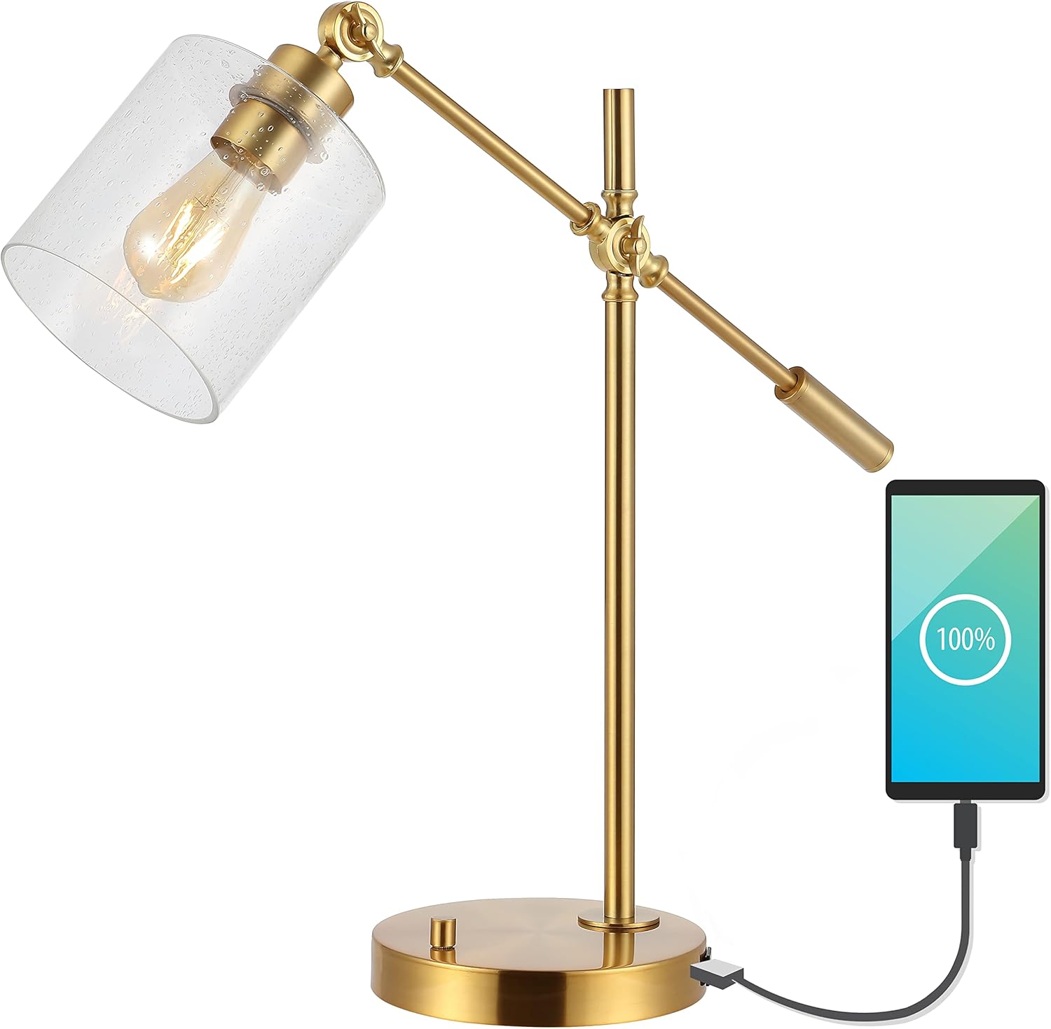 JONATHAN Y JYL3082A Kathryn Classic 23" Iron,Seeded Glass Adjustable Head Modern USB Charging LED Task Lamp Brass Gold Bedroom Living Room,1 Bulb