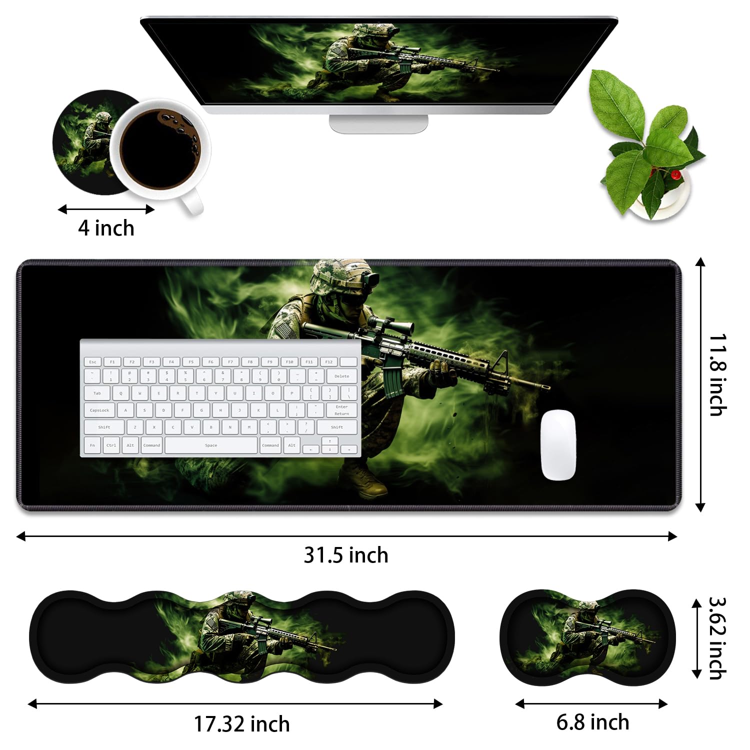 4-in-1 Ergonomisches Mauspad aus Memory-Schaum, Handgelenkauflage-Set, große XXL-Gaming-Schreibtischunterlage + Tastatur-Handgelenkauflage + Maus-Handgelenkkissen + Untersetzer für Zuhause, Büro,