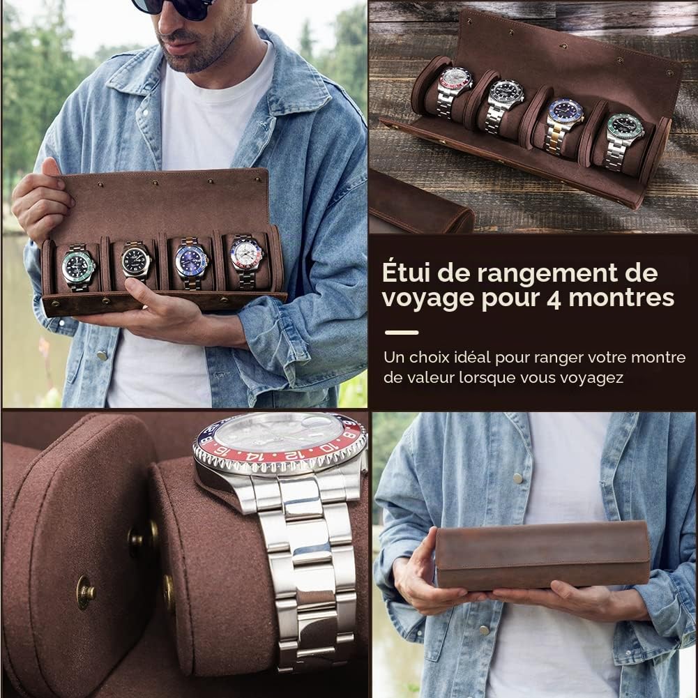 CONTACTS Étui de voyage en cuir véritable pour 4 montres, étui de rangement pour 4 montres, étui de protection portable pour montres de voyage vintage (café-1140)