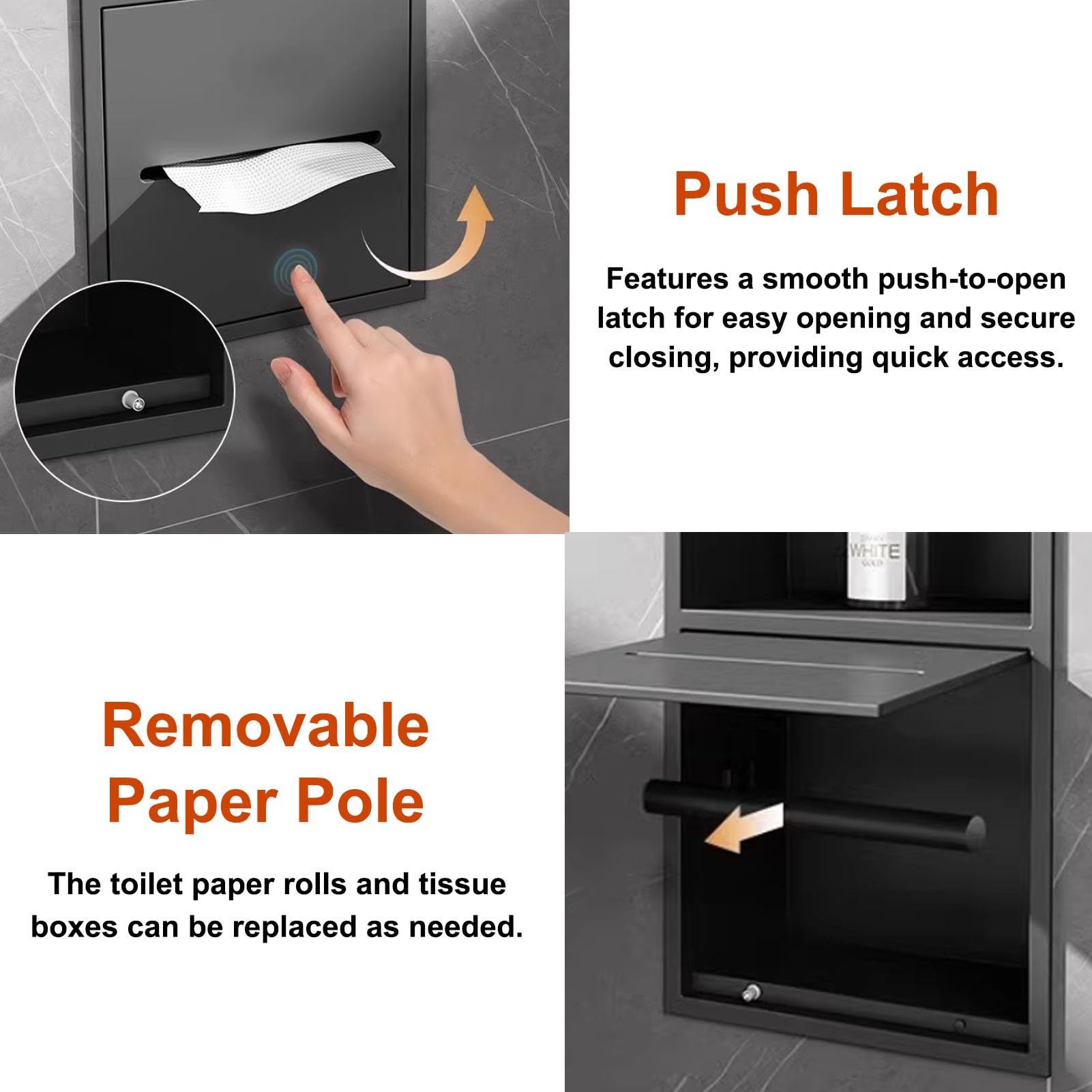 Portarrollos de Papel Higiénico Empotrado Portarrollos de Papel Higiénico Empotrado de Metal con Estante, Nicho para Papel Higiénico en El Baño, Armario para Papel Higiénico Empotrado en La Cocina
