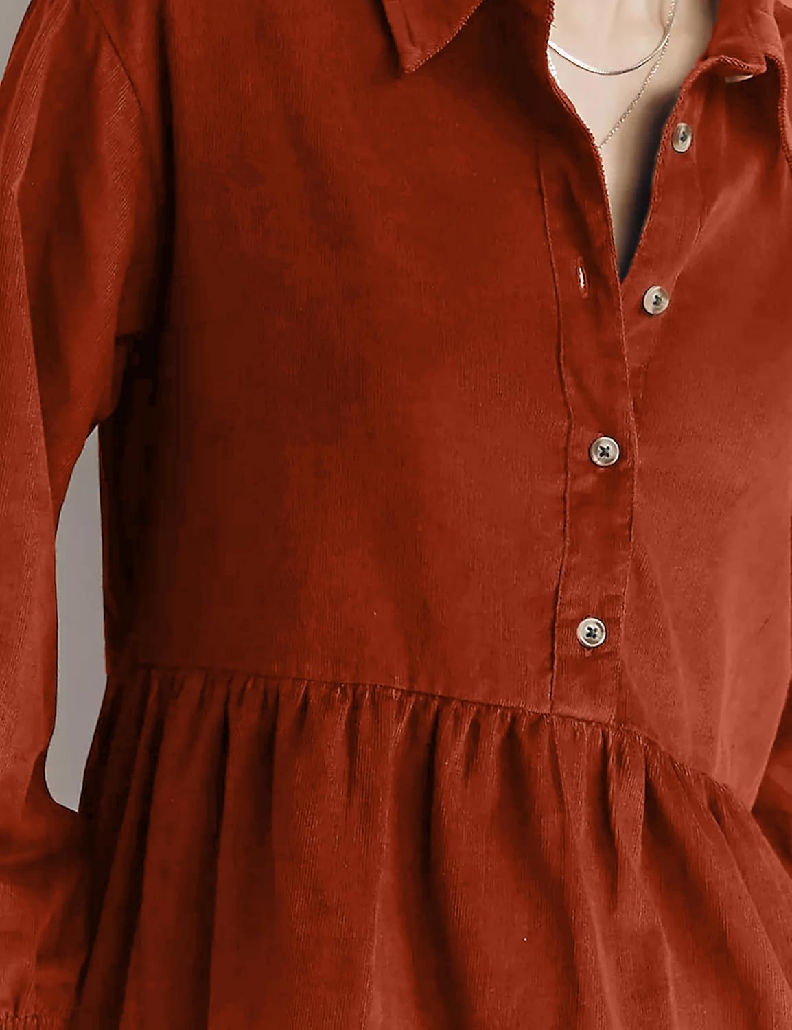 Womens Mini Shirt Corduroy Dress Oversized Lantern Sleeve Turndown Collar Button Up Babydoll Dress with Pockets - Image 2
